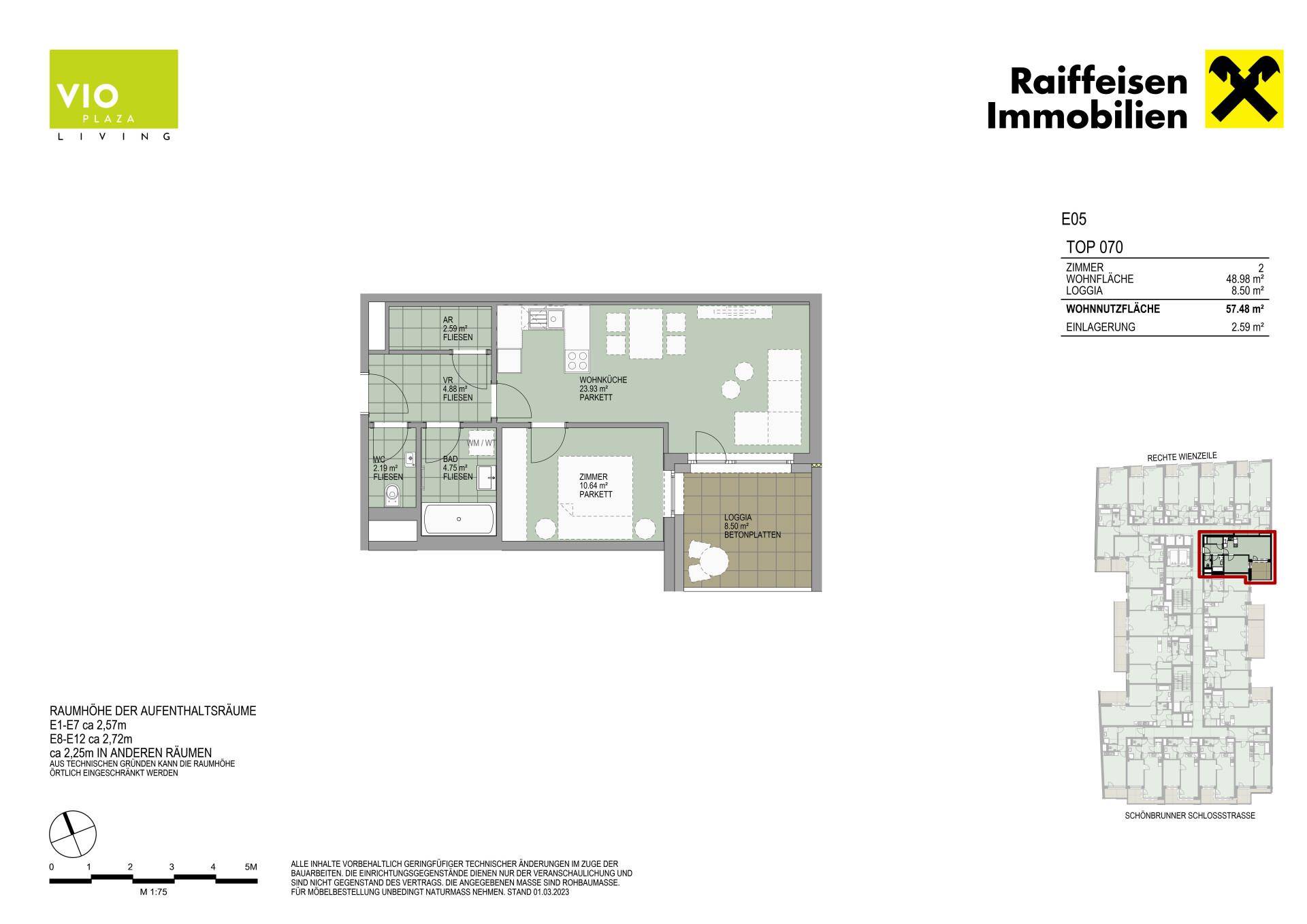 Grundriss einer Wohnung mit offenem Wohnbereich, Schlafzimmer und Loggia.