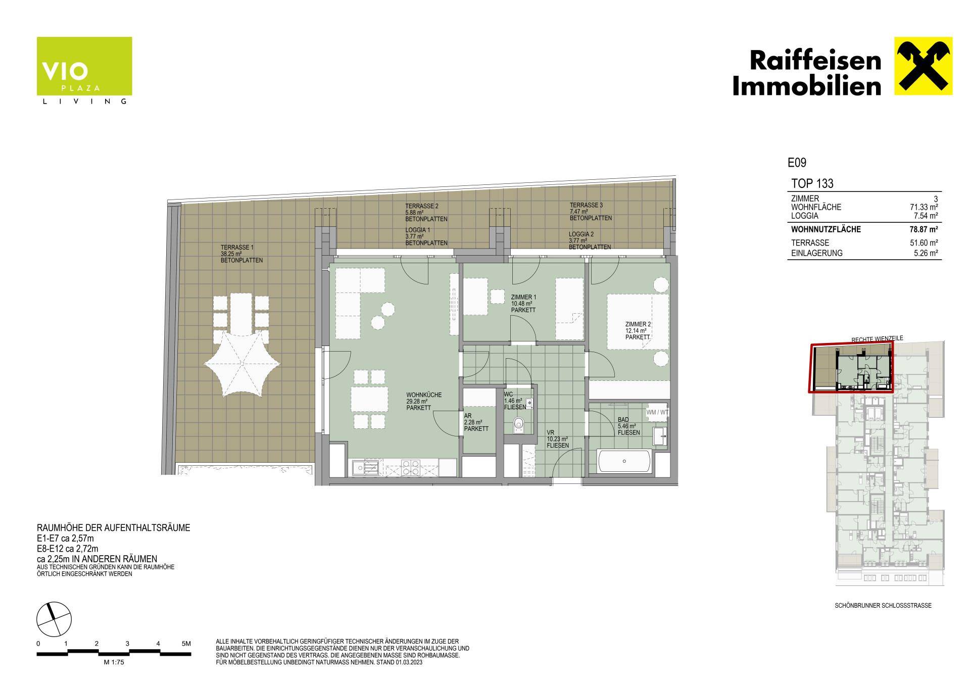 Detaillierter Grundriss einer Wohnung mit Terrasse, Loggia und mehreren Zimmern.