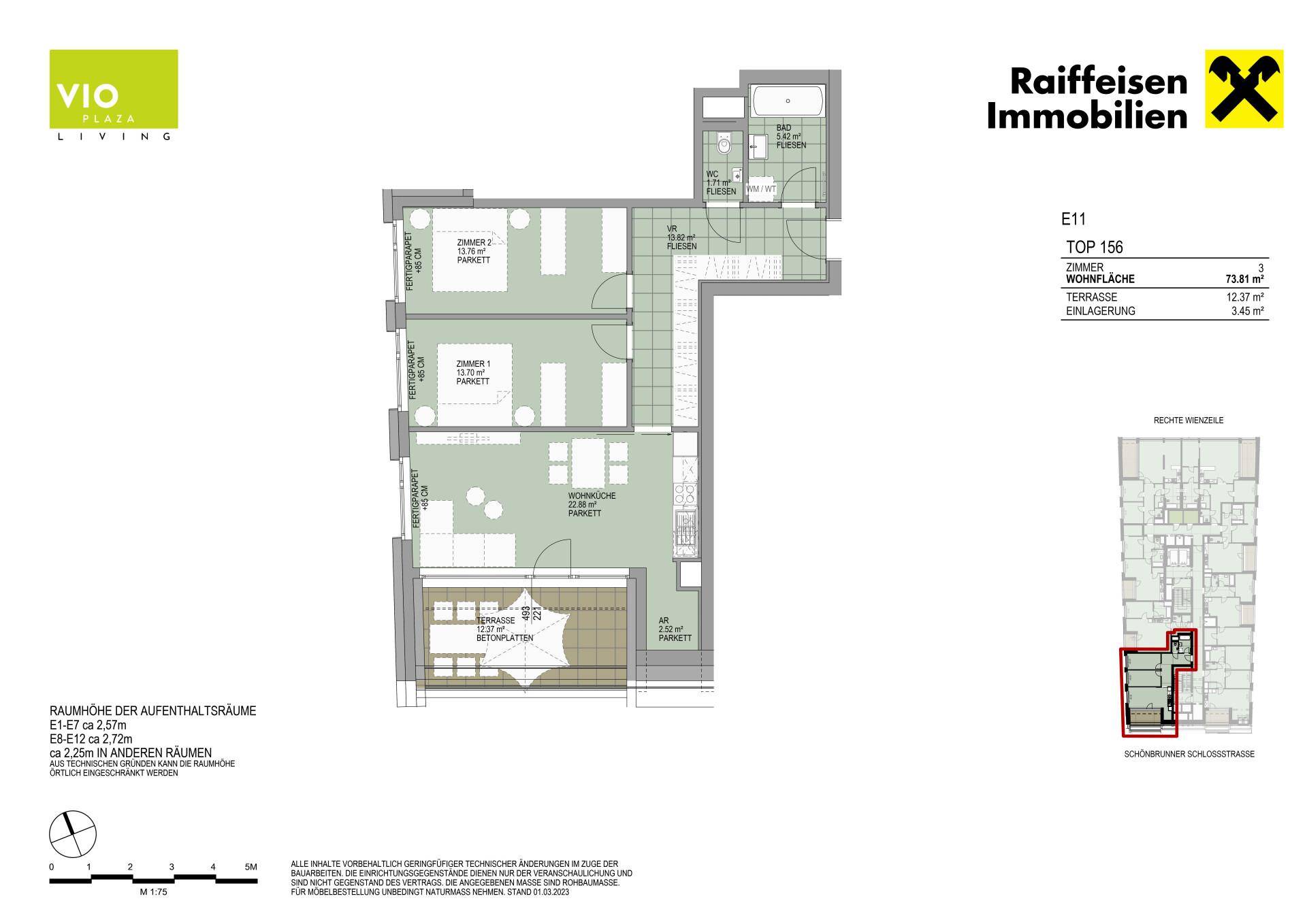 Grundriss einer Wohnung mit drei Zimmern, offener Wohnküche und großer Terrasse.