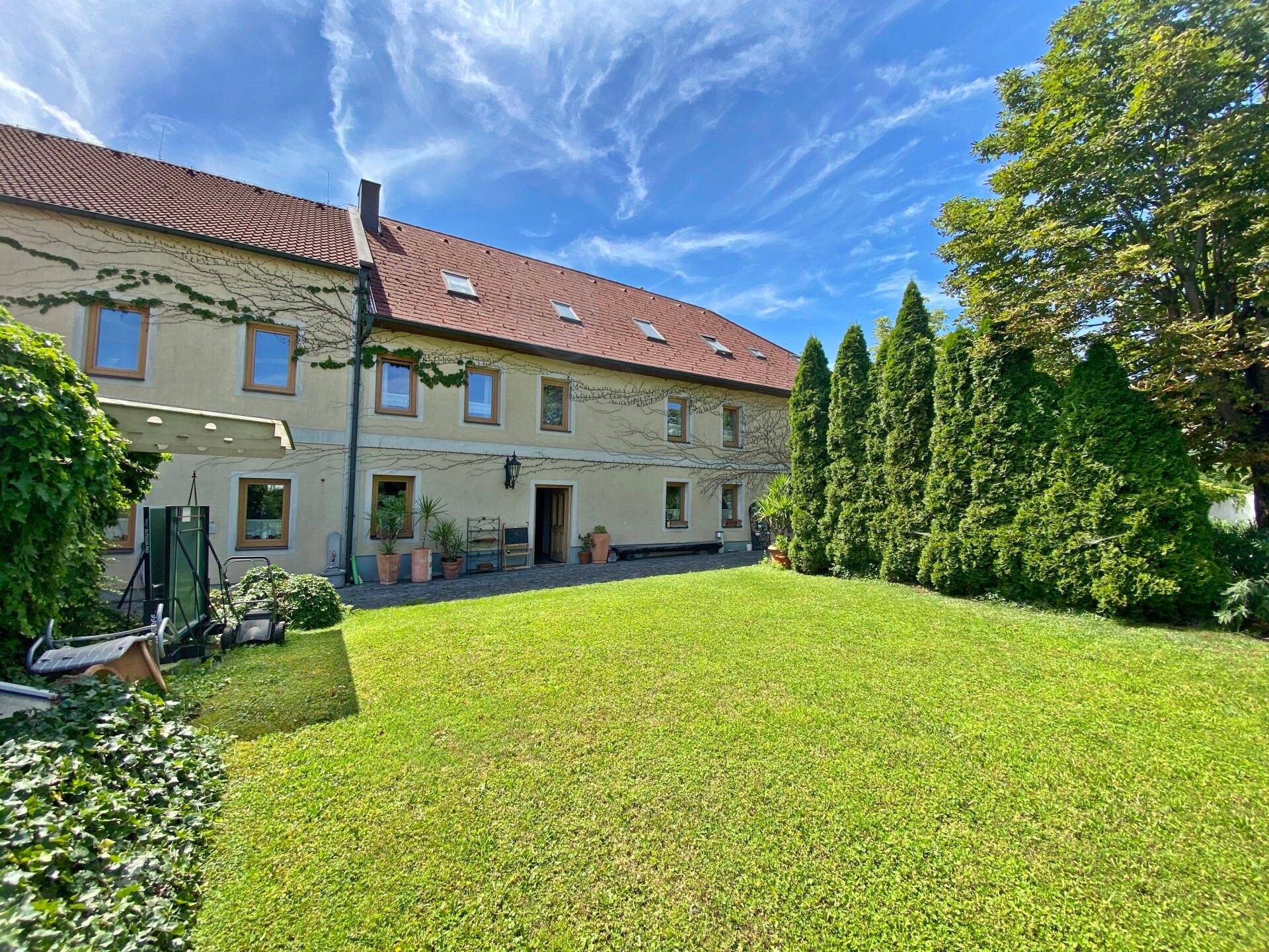 Großer Rasenbereich im Garten hinter dem Gebäude mit Bäumen und Sträuchern.