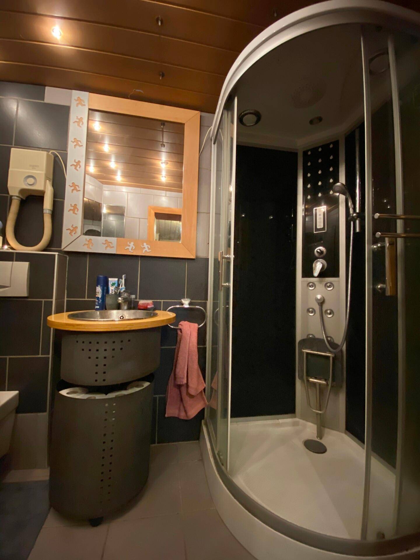 Kleines Badezimmer mit Duschkabine, Holzdecke und dunklen Fliesen.