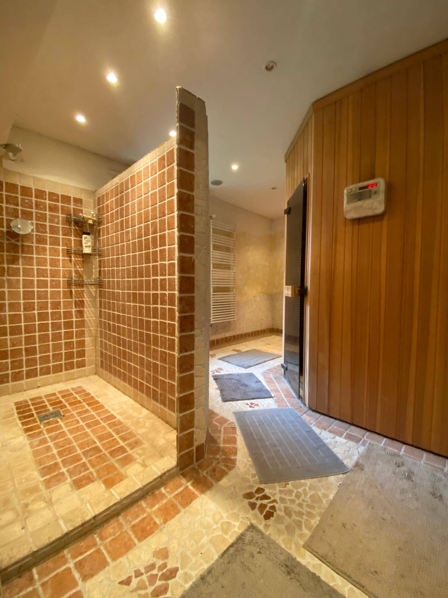 Wellnessbereich mit Dusche, Sauna und gefliestem Boden in warmen Farbtönen.