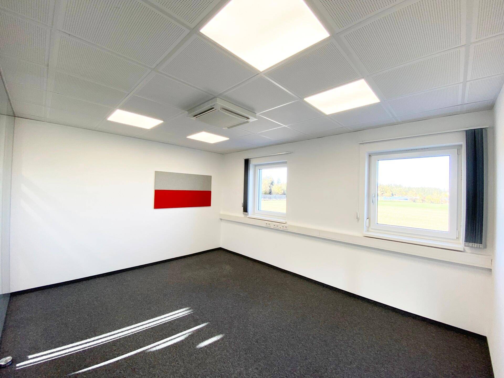 Helles Büro mit Teppichboden, zwei Fenstern und einer modernen rot-grauen Wanddekoration.