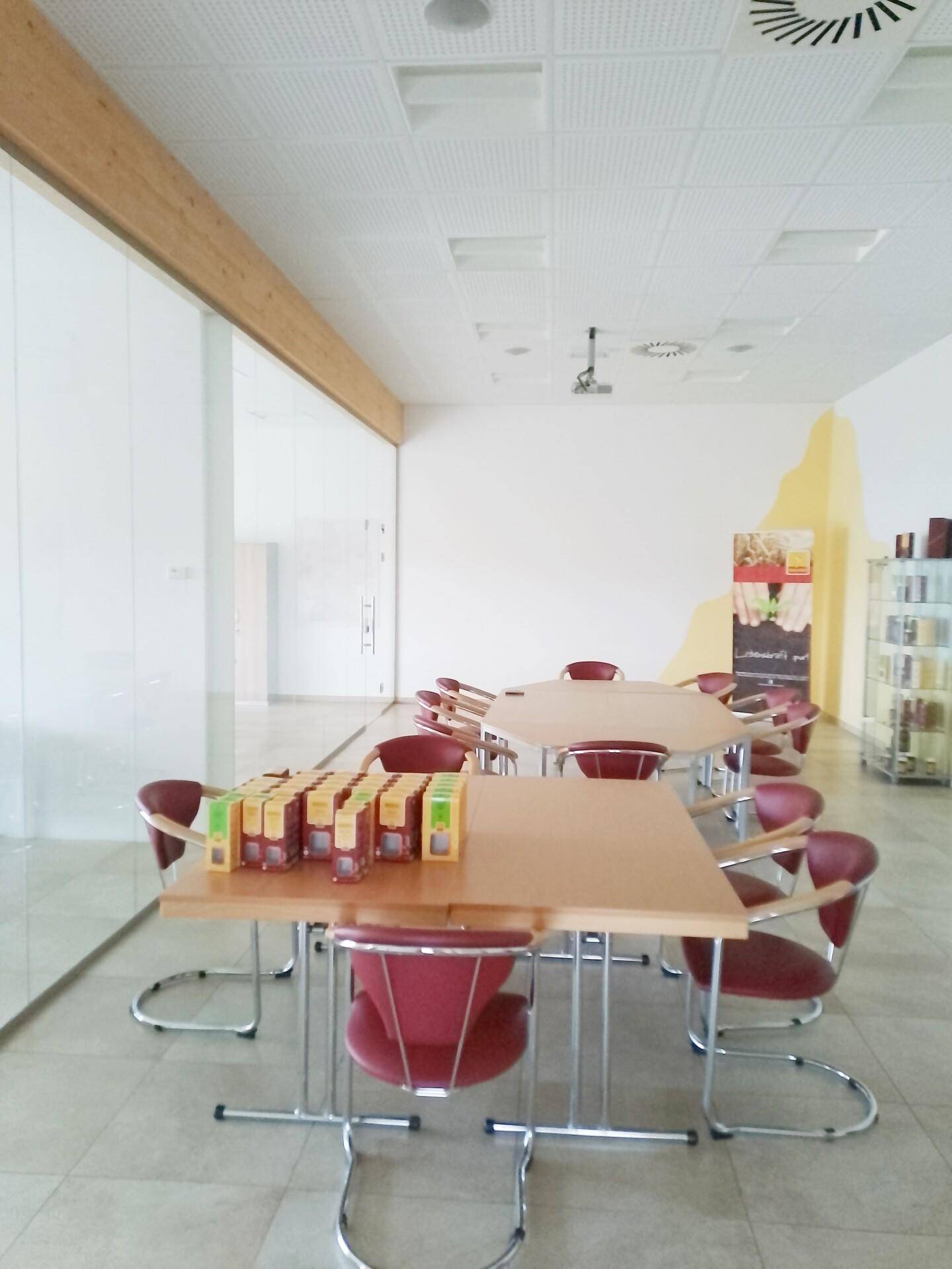 Konferenzraum mit mehreren Tischen und roten Stühlen, ideal für Besprechungen oder Schulungen.