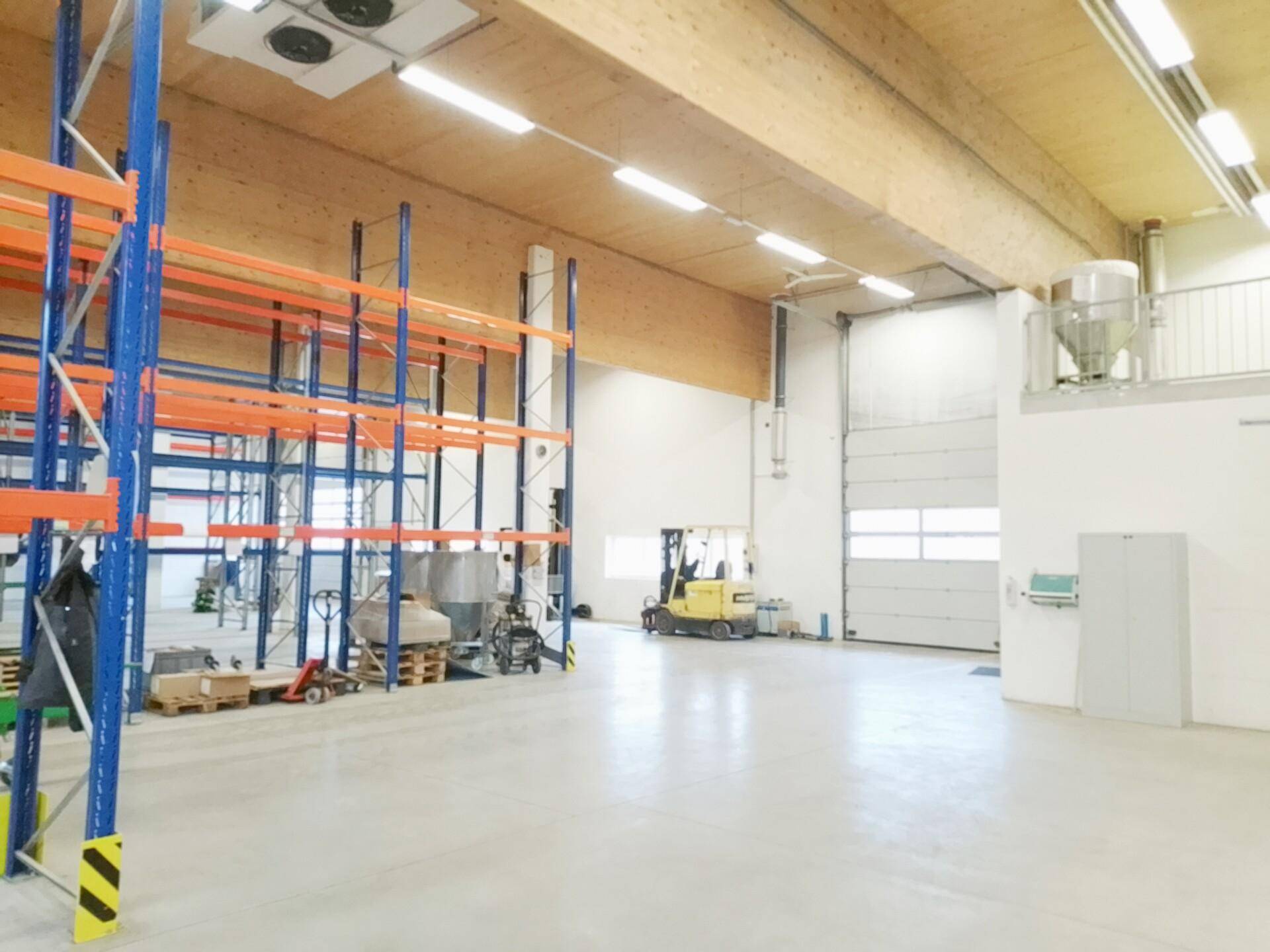 Große Lagerhalle mit hohen Regalen, Gabelstapler und einem Rolltor für Lieferungen.