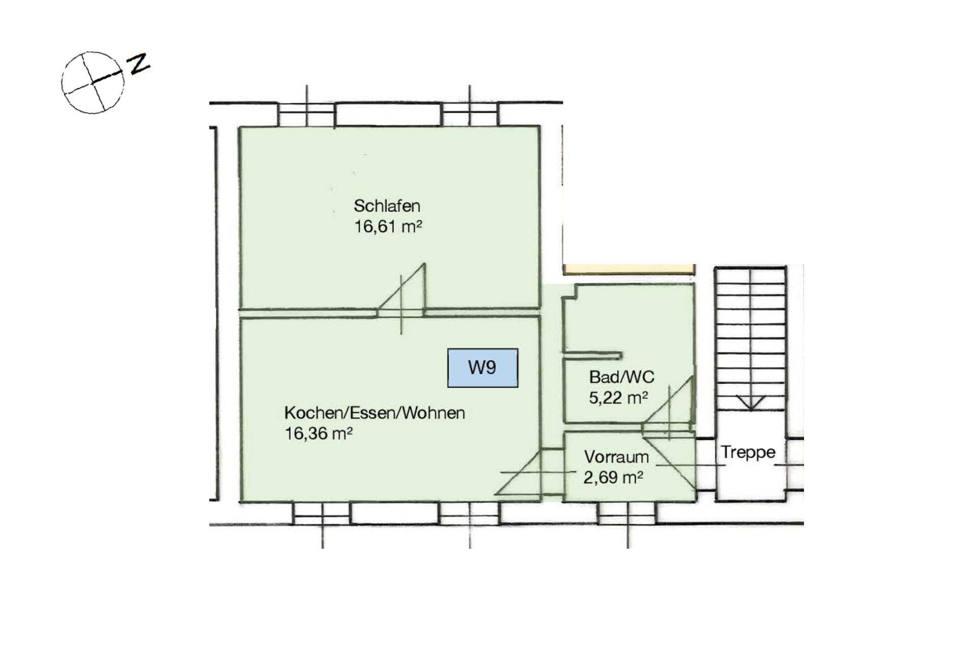 Grundriss einer Wohnung mit Schlafzimmer, offenem Wohnbereich und Bad/WC.