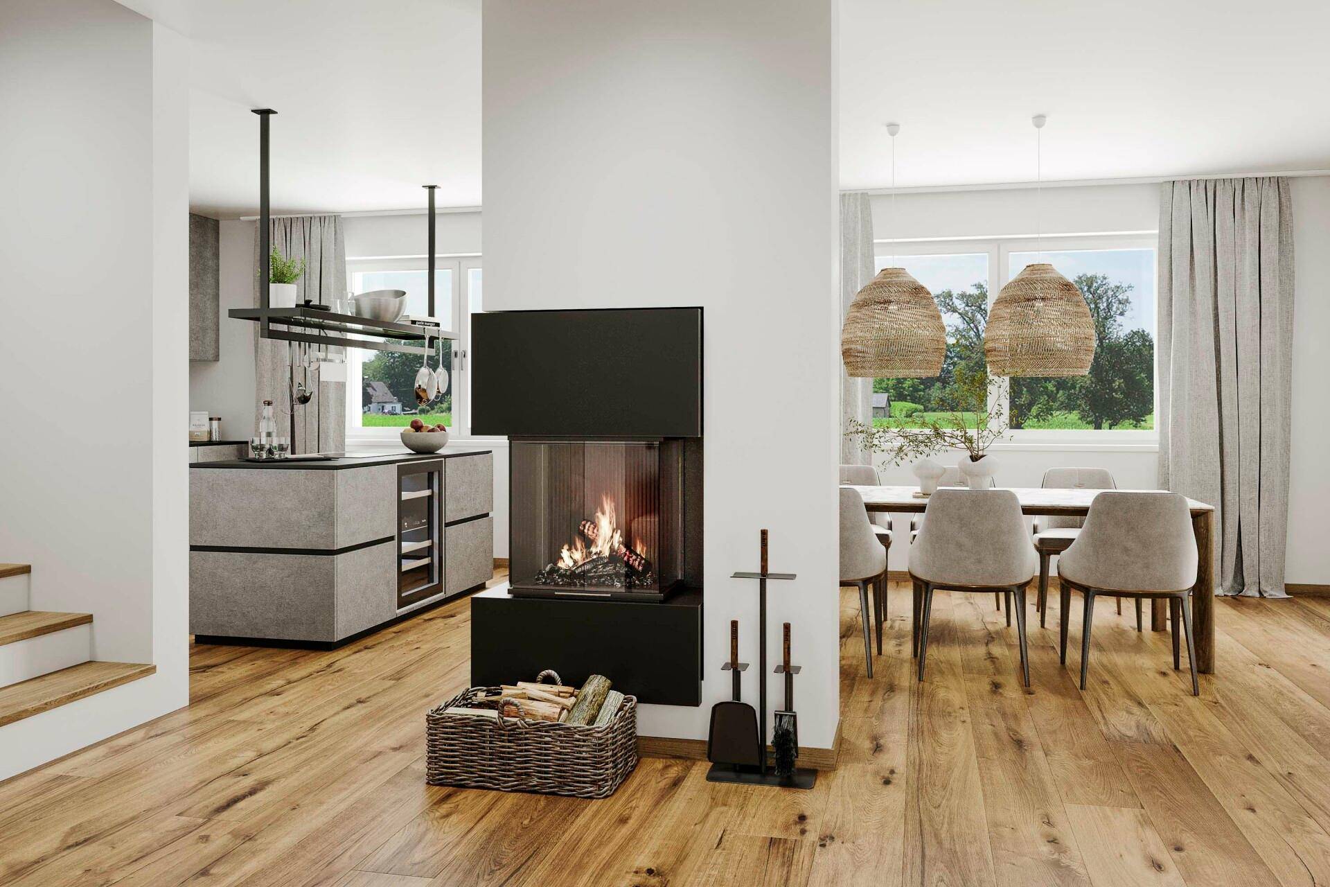 Offener Wohn-Essbereich mit Kamin, Holzboden und integrierter Küche.
