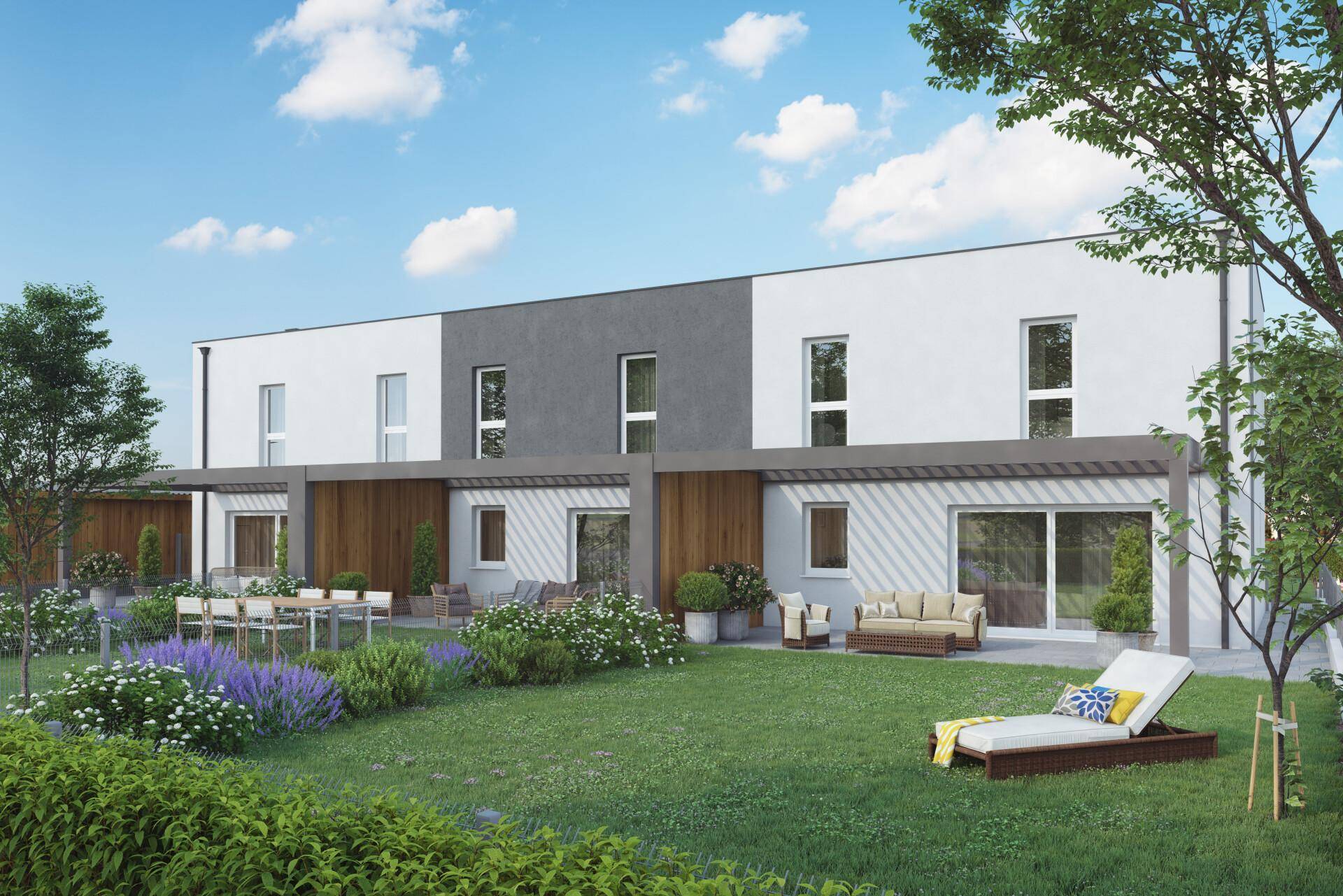 Ruhiger Gartenbereich mit möblierter Terrasse und Liegestuhl, umgeben von blühenden Pflanzen.