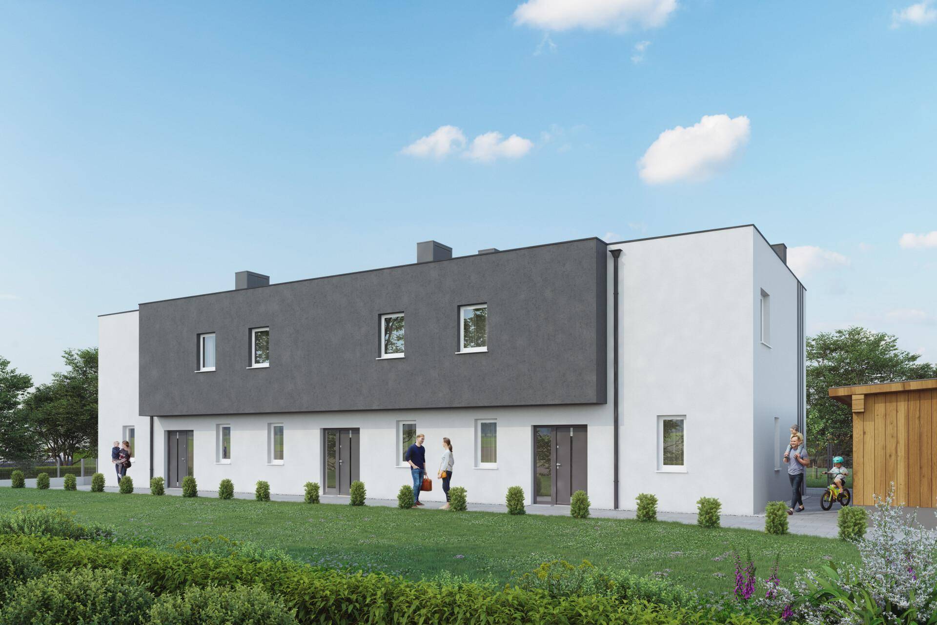 Rückansicht der modernen Reihenhäuser mit schlichter Fassade und Zugang zu den Gärten.