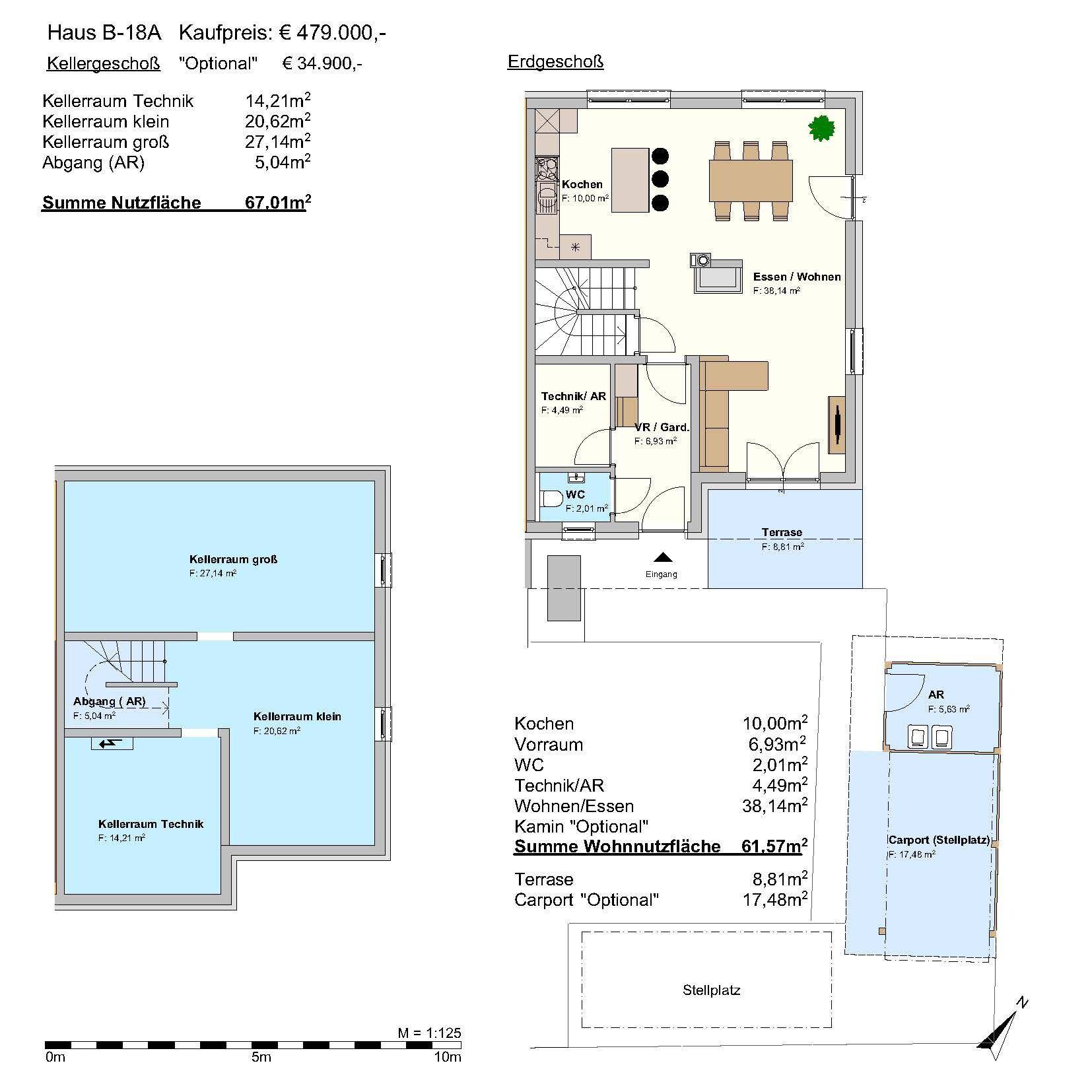 Grundriss des Erdgeschosses und Kellers mit offener Wohnküche, Terrasse und Carport.