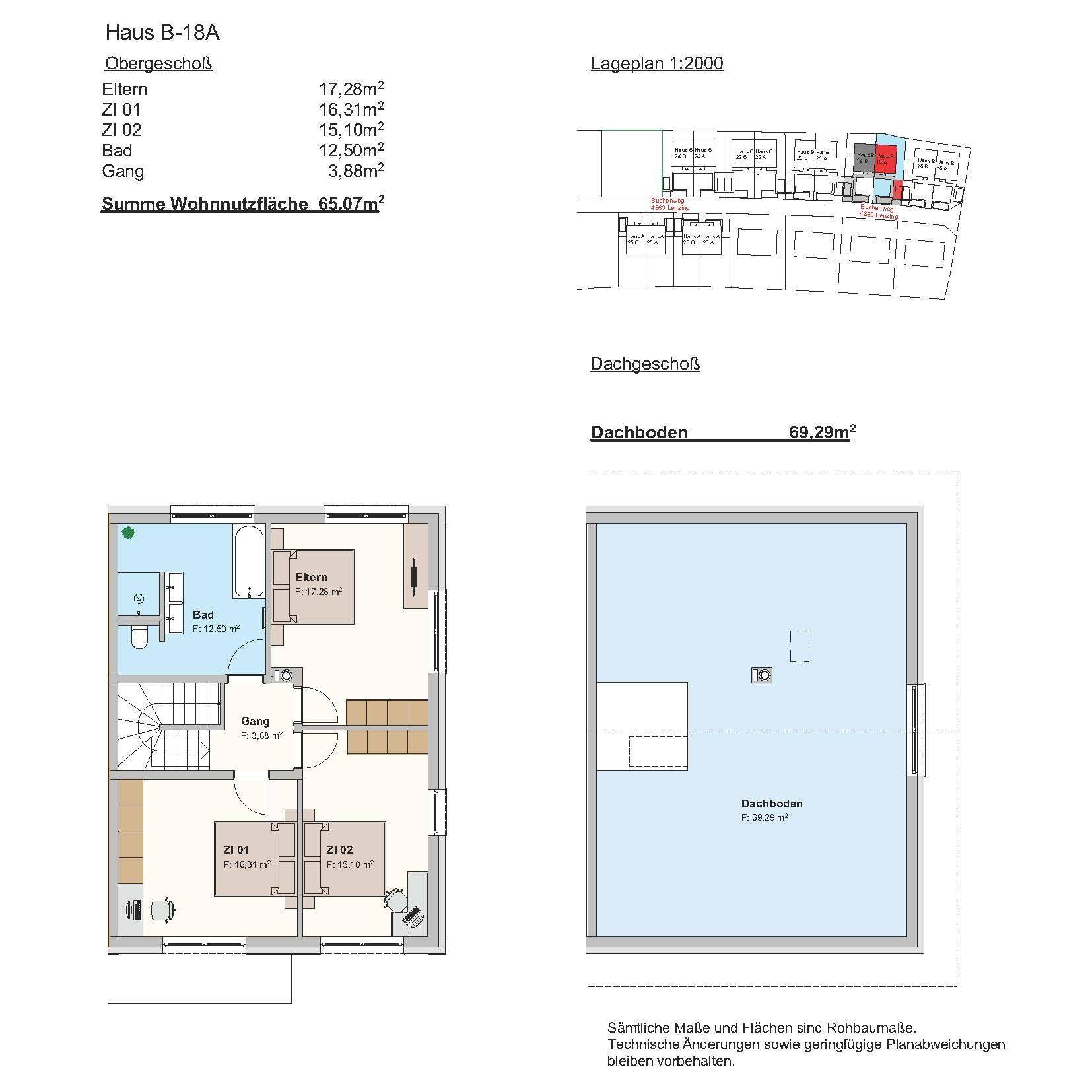 Grundriss des Obergeschosses mit Schlafzimmern und Bad sowie des Dachbodens.