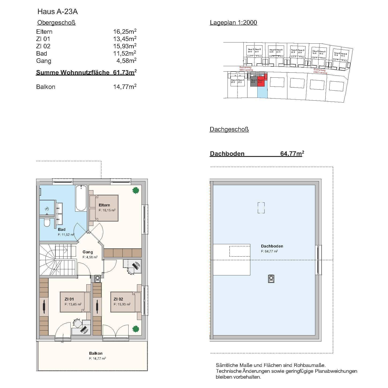 Grundriss des Obergeschosses und Dachbodens mit Schlafzimmern, Bad und Balkon.