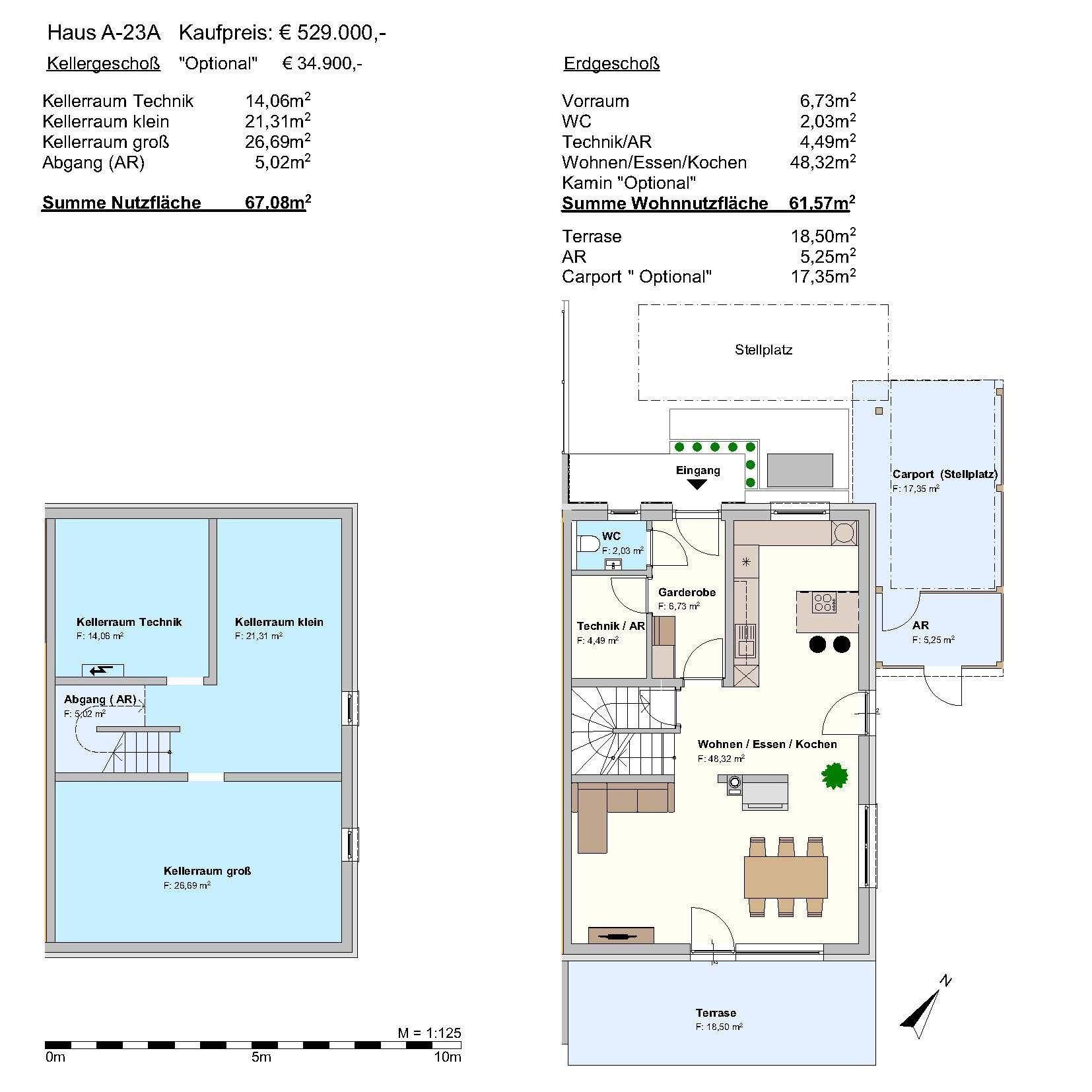 Grundriss des Erdgeschosses und Kellers mit Wohn-Essbereich, Terrasse und Carport.