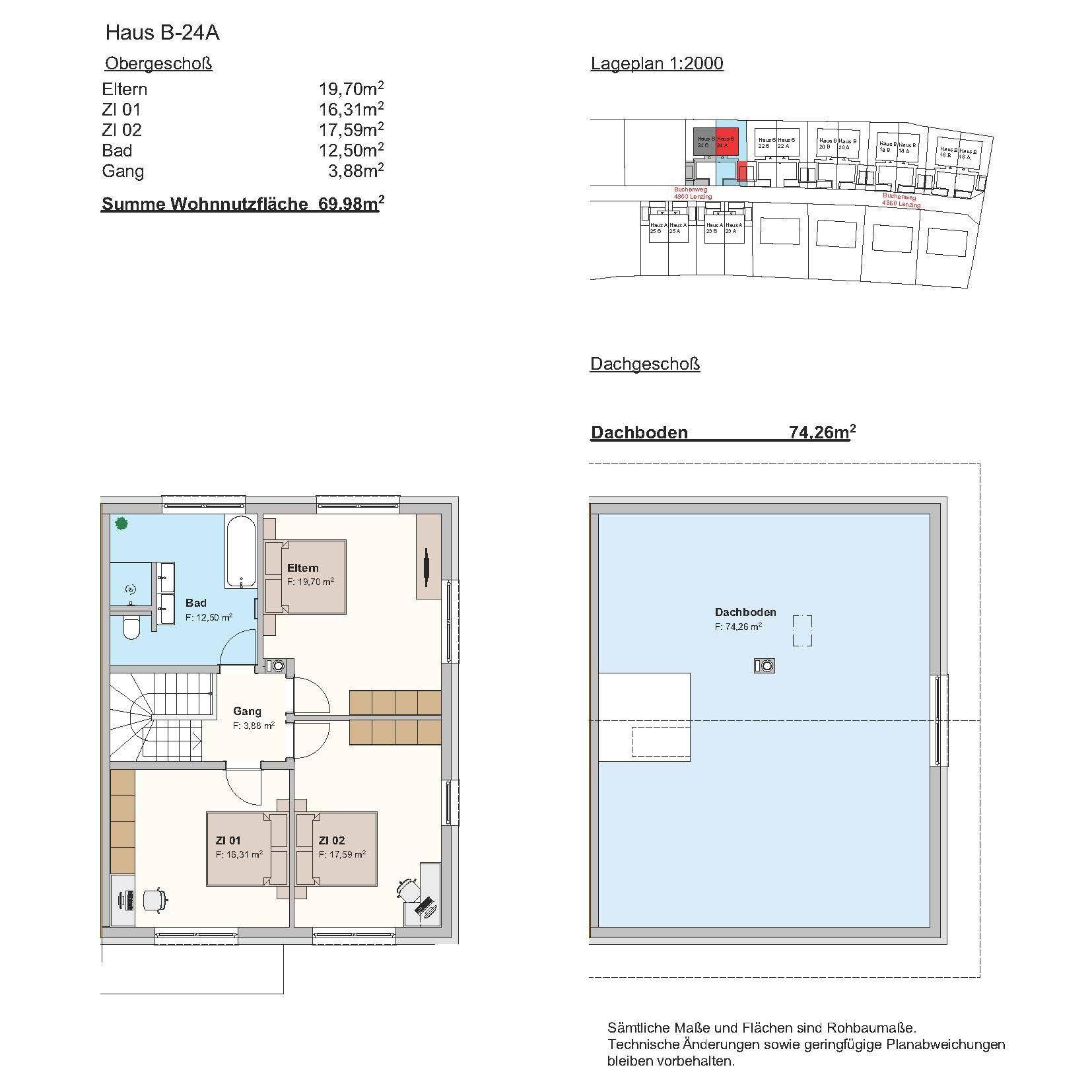 Grundriss des Obergeschosses mit Schlafzimmern, Bad und Dachboden.