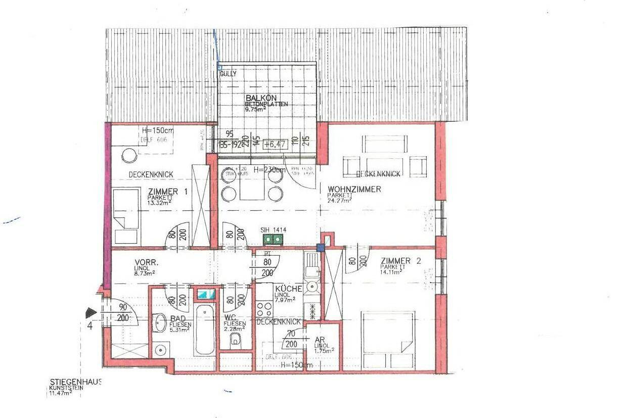 Detaillierter Grundriss einer Wohnung mit zwei Zimmern, Wohnzimmer, Küche und Balkon.