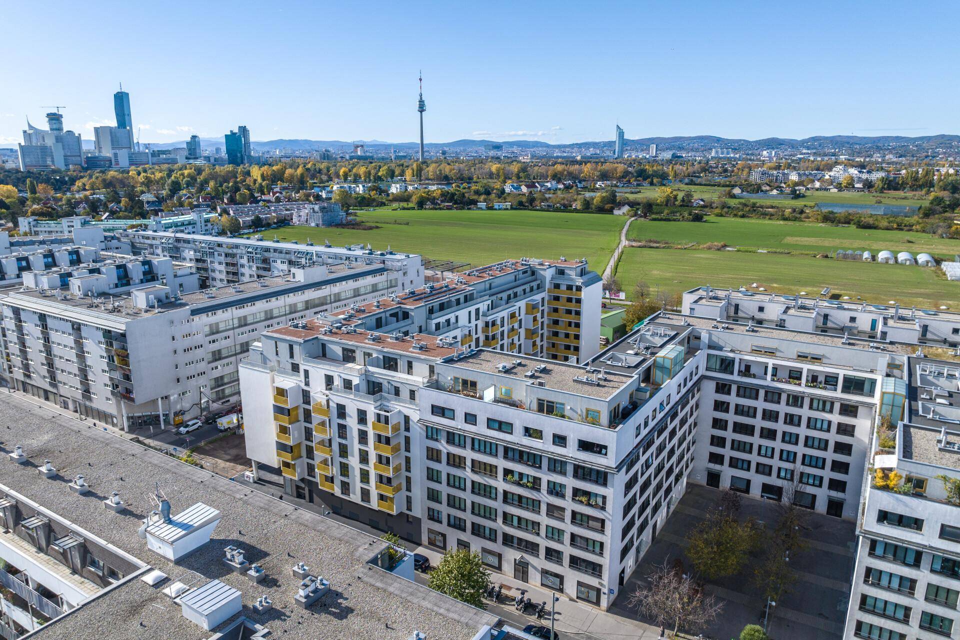 Luftaufnahme eines modernen Wohnkomplexes mit Grünflächen und Stadtblick im Hintergrund unter blauem Himmel.