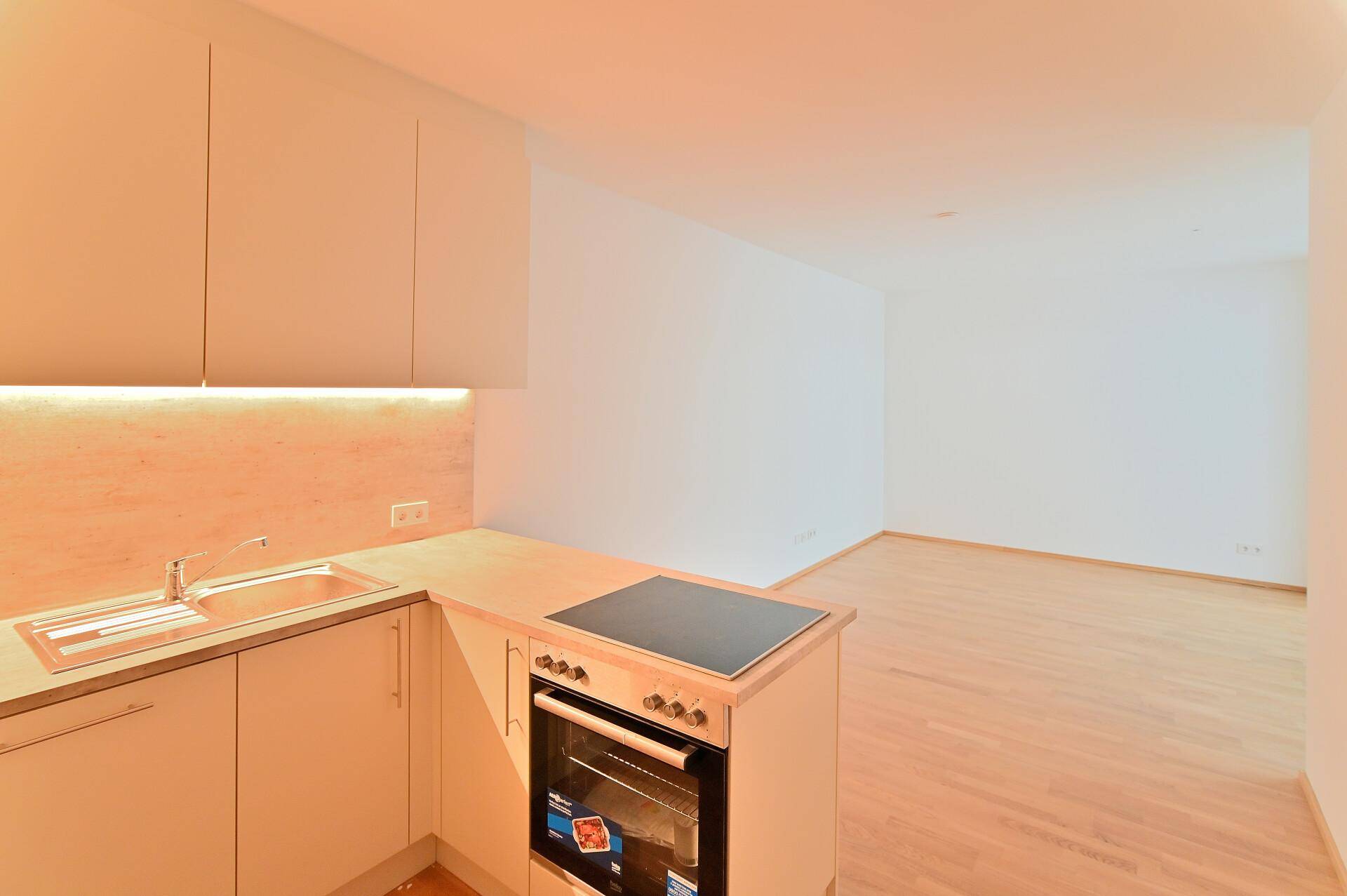 Moderne Einbauküche mit hellem Holzdekor, Kochfeld und Backofen in neuwertigem Zustand.