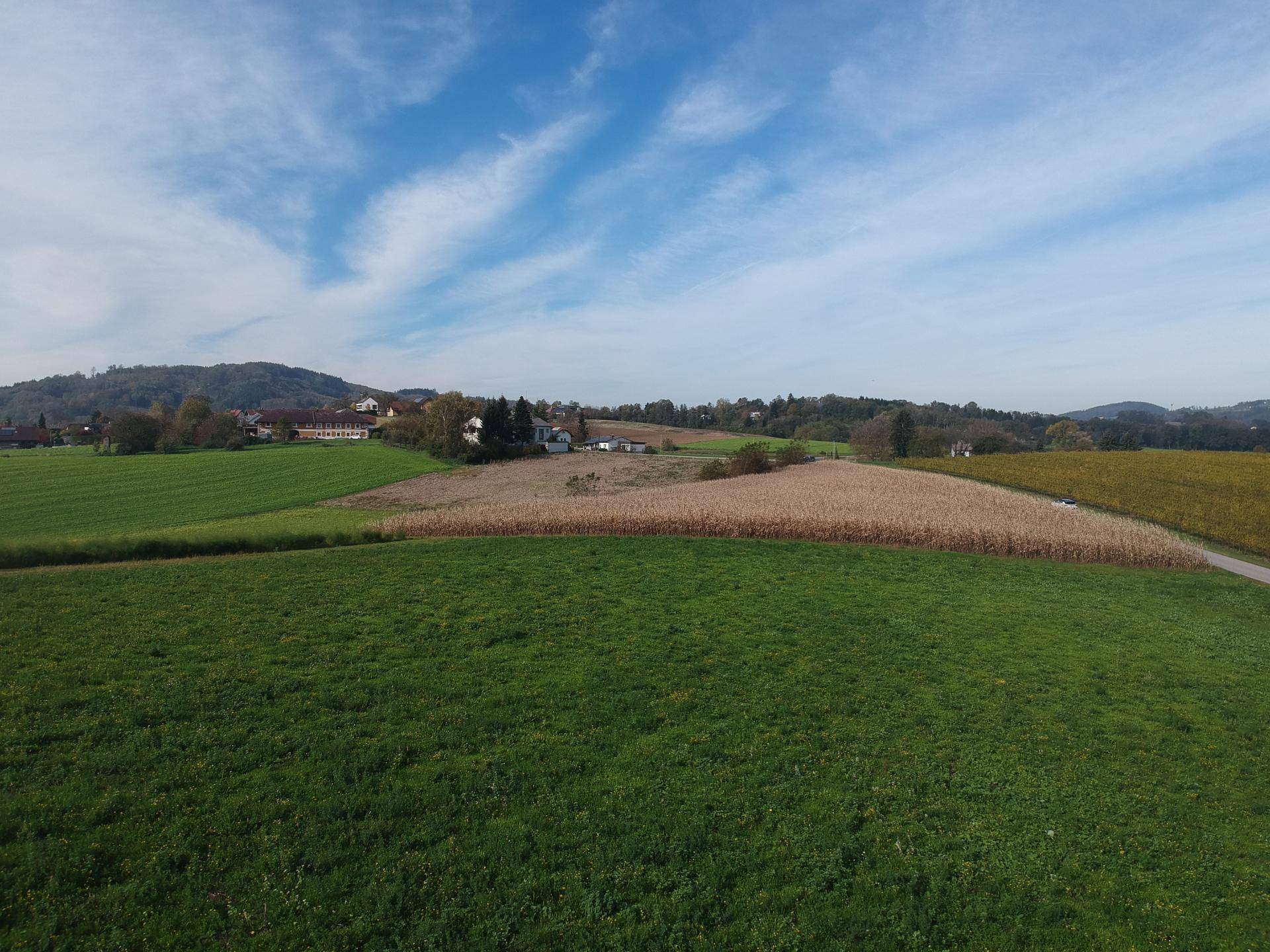 Panoramablick über weite grüne Wiesen und Ackerflächen mit ländlicher Bebauung am Horizont.
