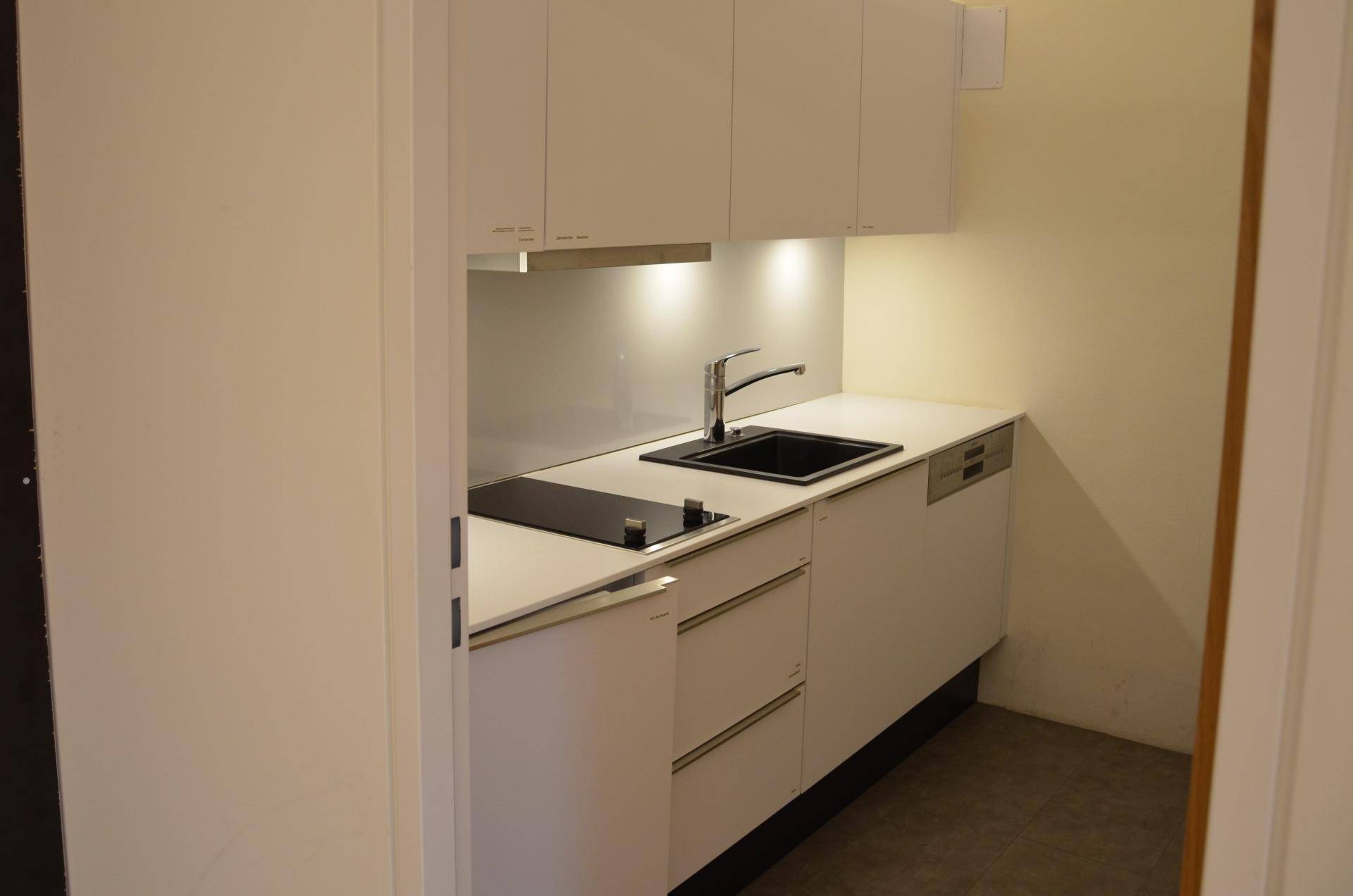 Kompakte, moderne Küchenzeile mit weißen Schränken, Spüle, Induktionskochfeld und integriertem Geschirrspüler.