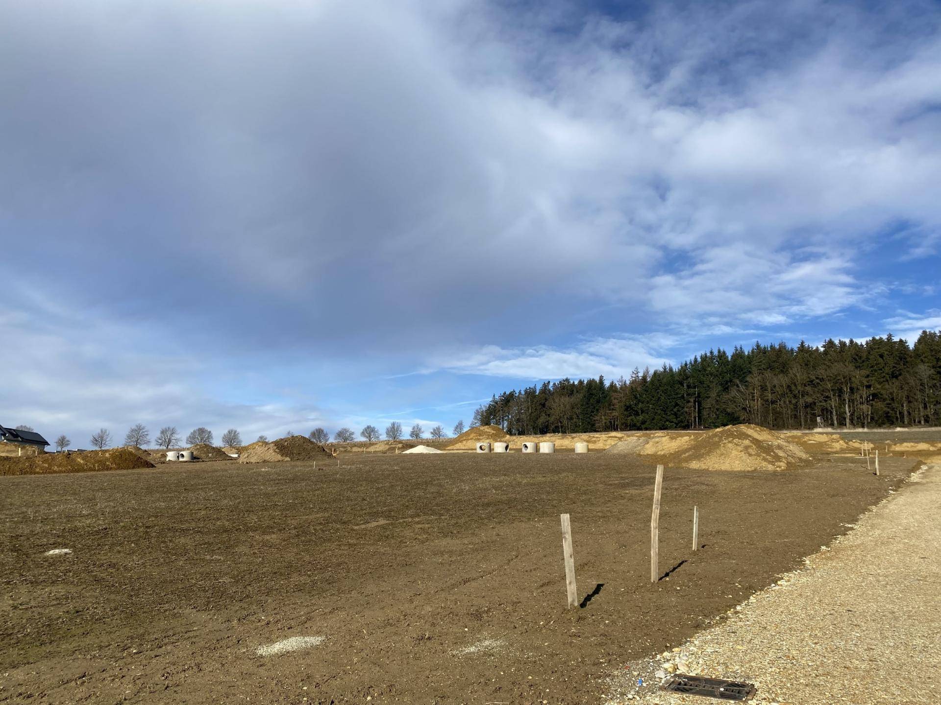 Weitläufiges Baugrundstück mit vorbereiteten Erdhügeln und Wald im Hintergrund.