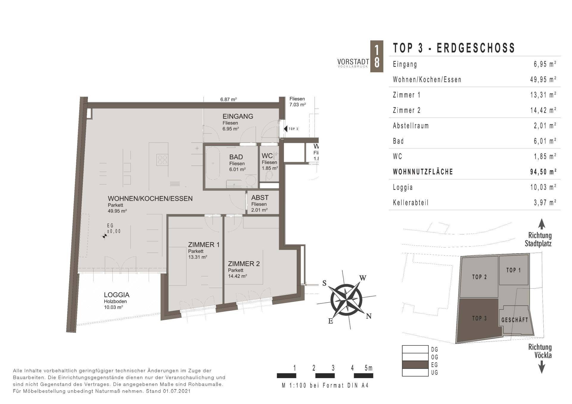 Grundriss des Erdgeschosses mit offenem Wohnbereich, zwei Schlafzimmern und Loggia.