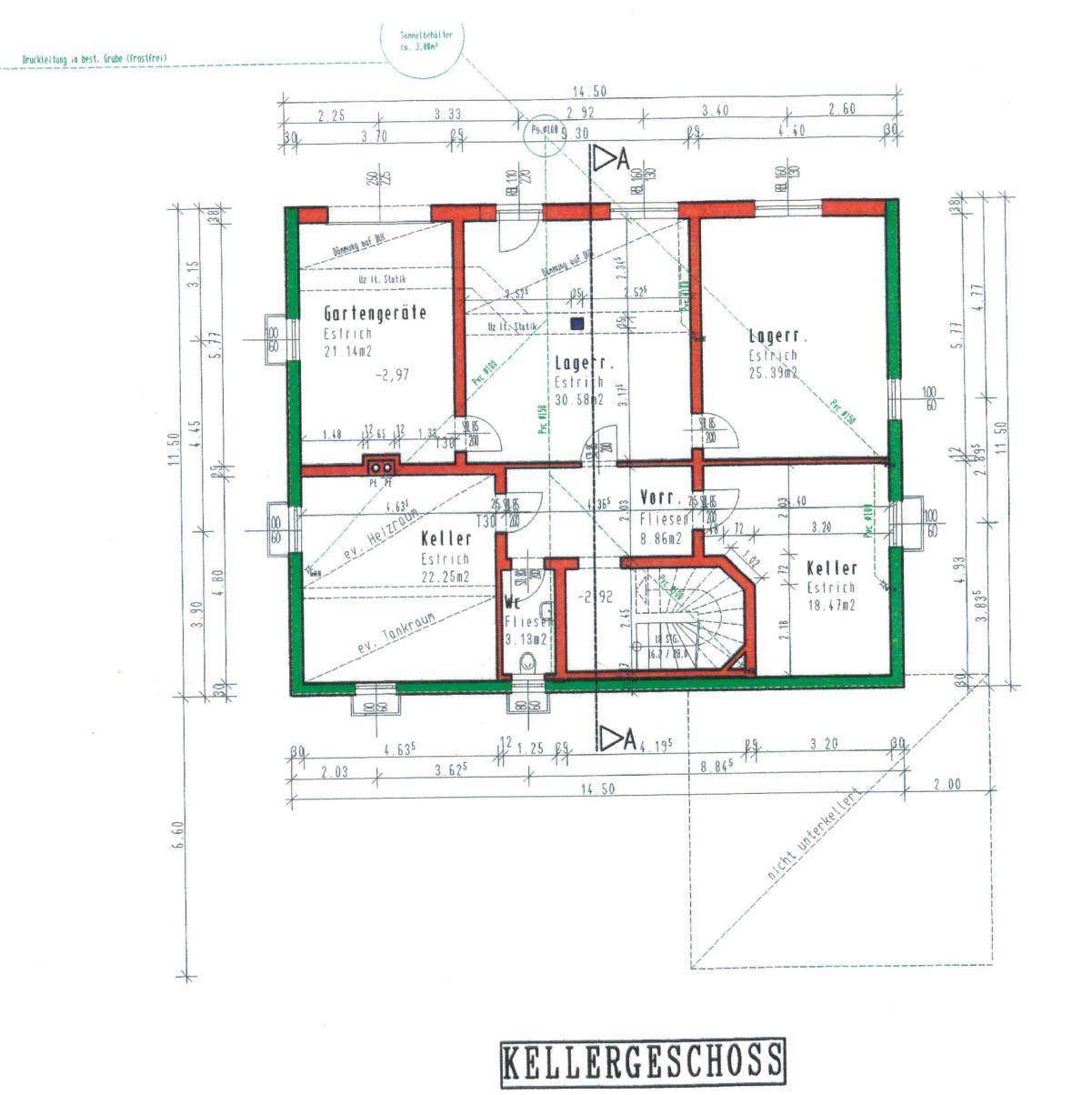 Grundriss des Kellergeschosses mit Lagerräumen, Keller und Gartengeräteraum.