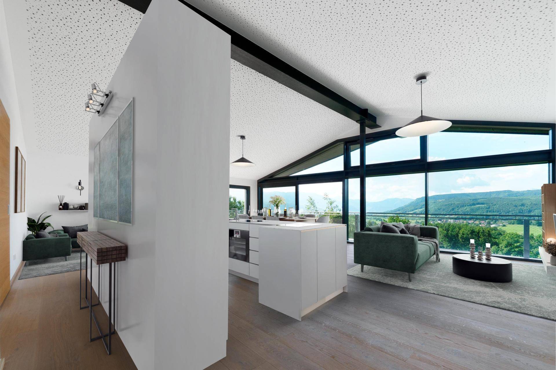 Moderner offener Wohnbereich mit integrierter Küche, großen Fenstern und Panoramablick auf die Berge.