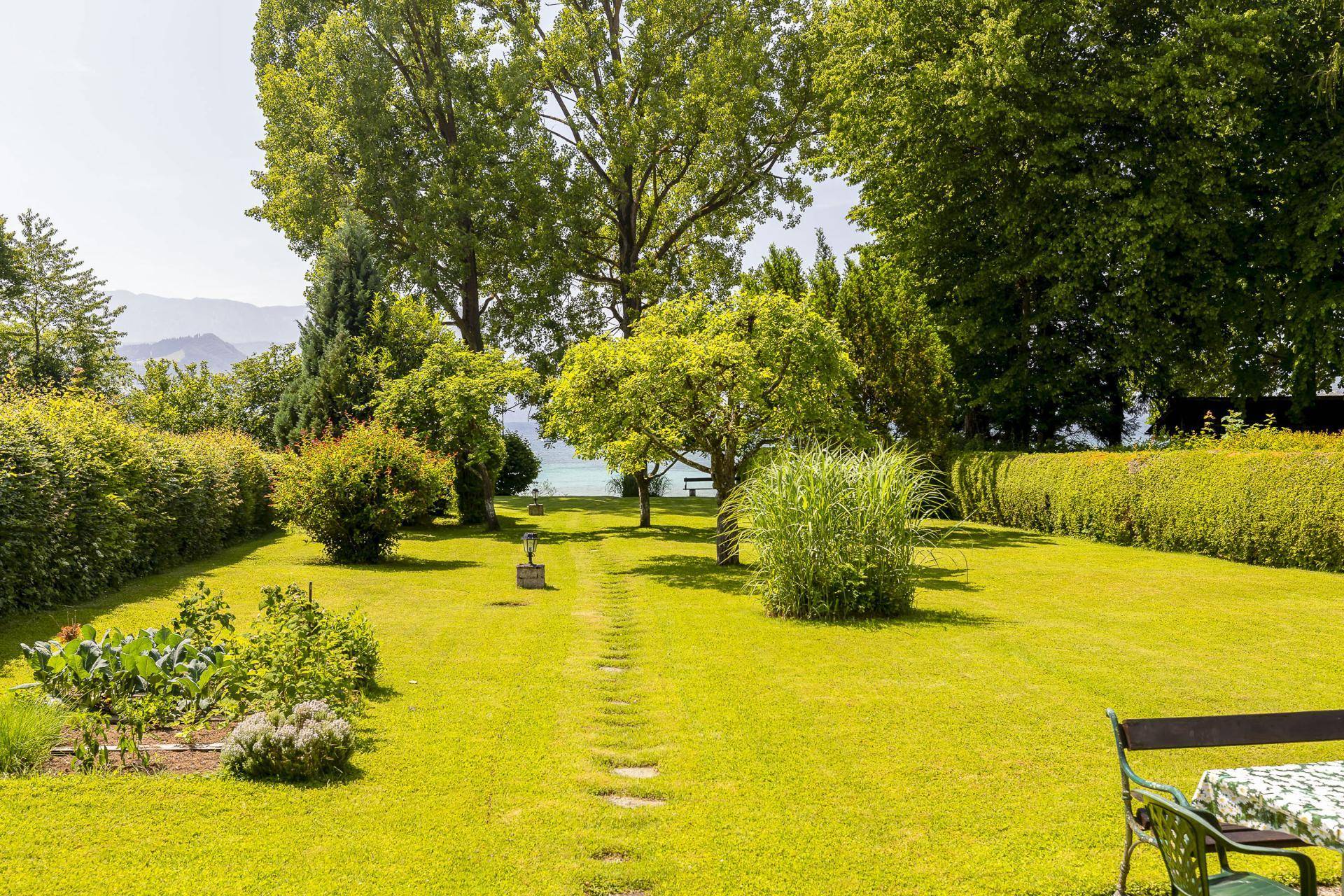 Gepflegter Garten mit Rasenfläche, hohen Bäumen und Hecken, der zum See hin abfällt.