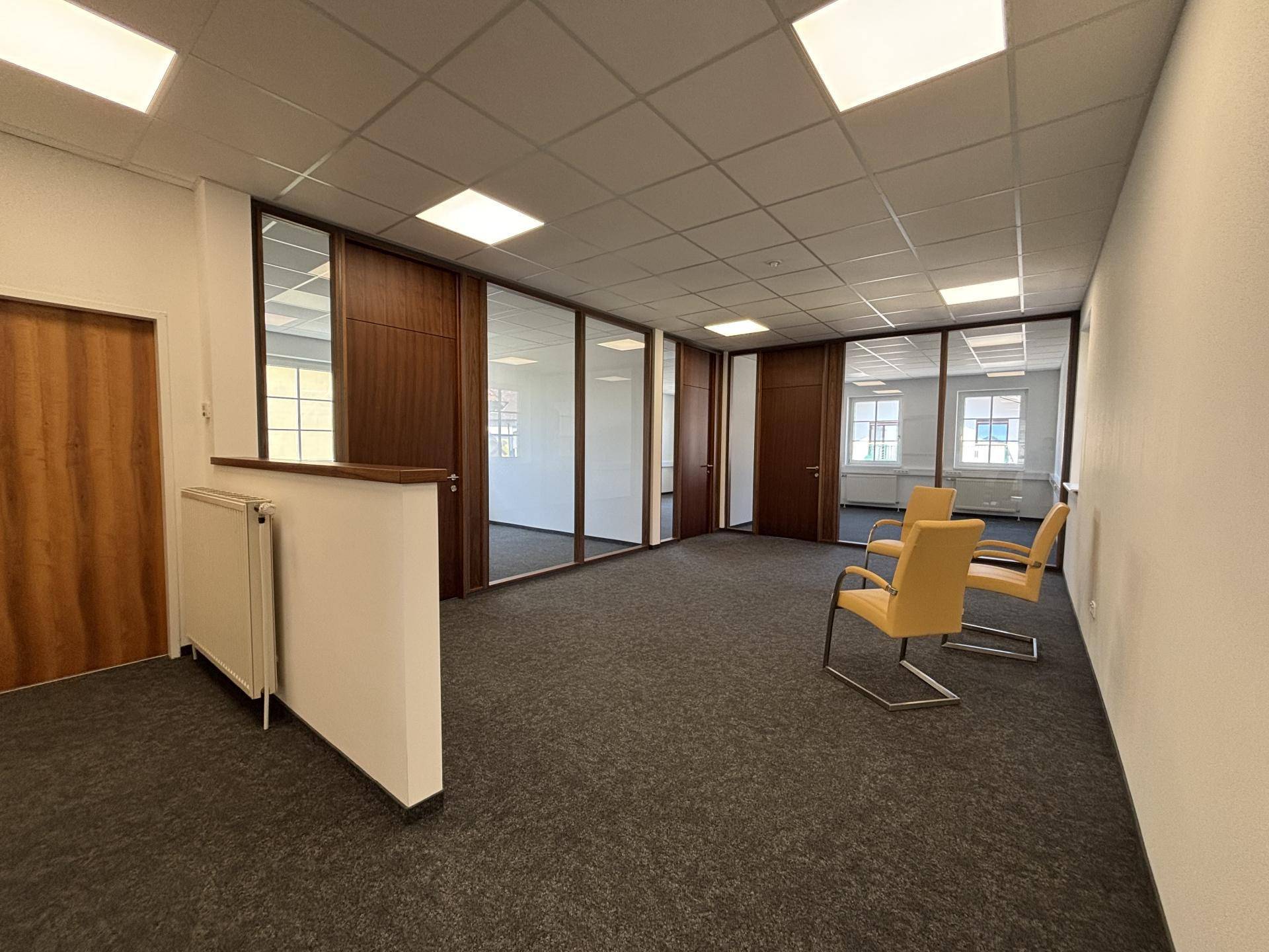 Geräumiger Bürobereich mit Teppichboden, Glaswänden und Holzdetails, ideal für moderne Arbeitsumgebungen.