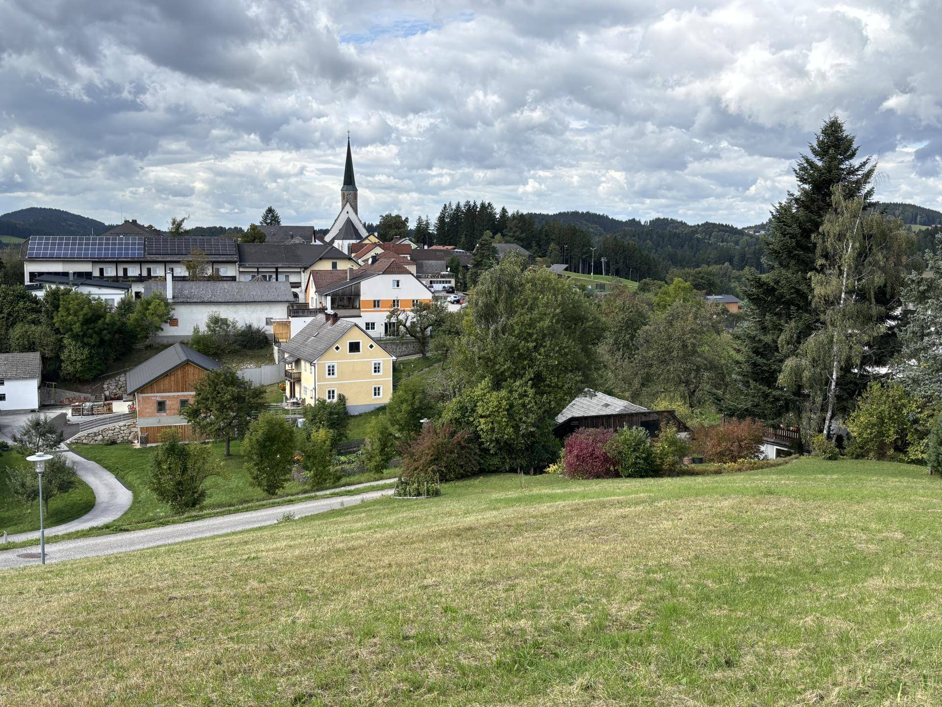 Landschaftsbild mit einem Dorf im Hintergrund, umgeben von Bäumen und grünen Wiesen.
