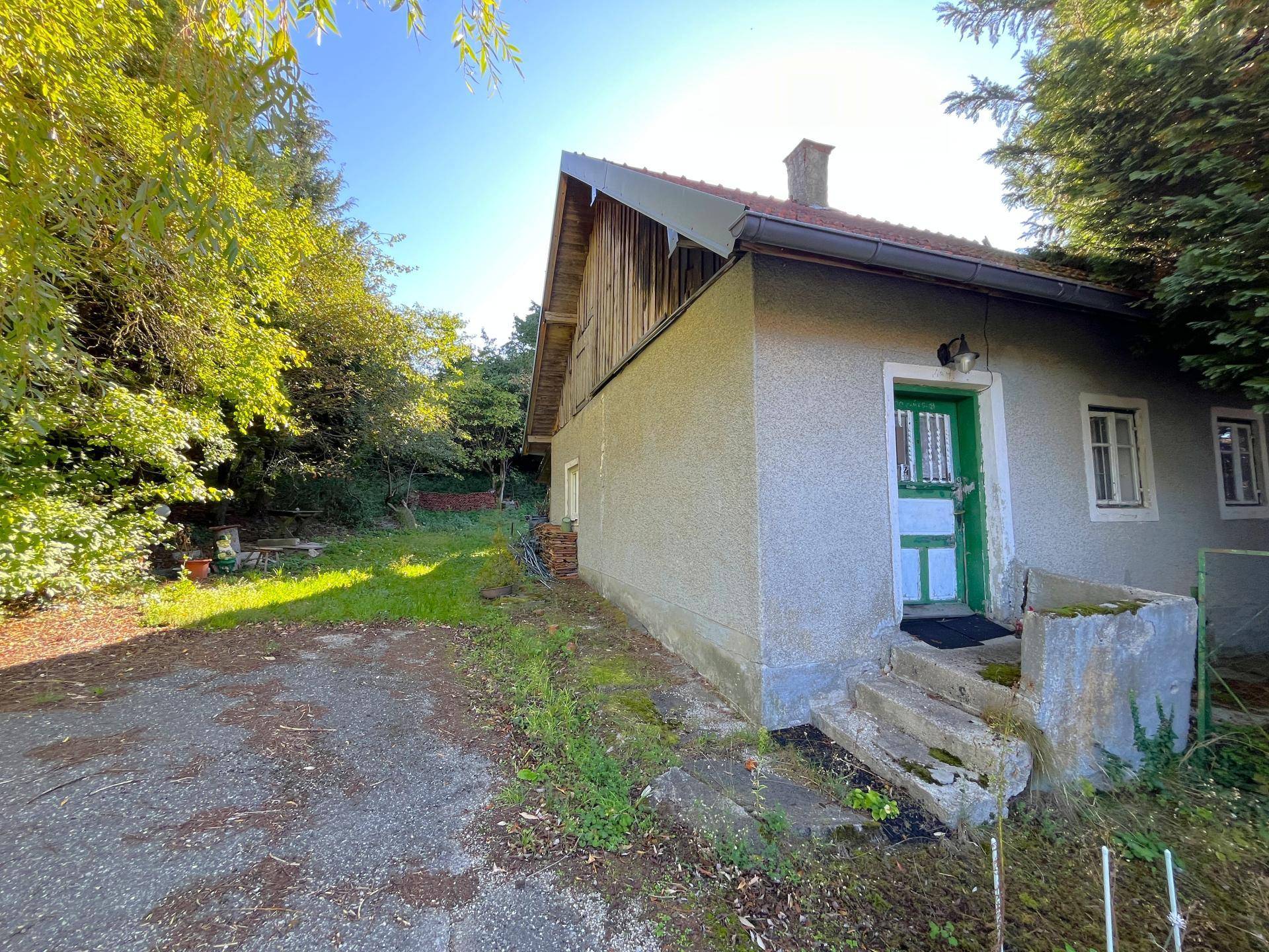 Seitenansicht des alten Hauses mit grüner Tür und einfachen Steinstufen, umgeben von Natur.