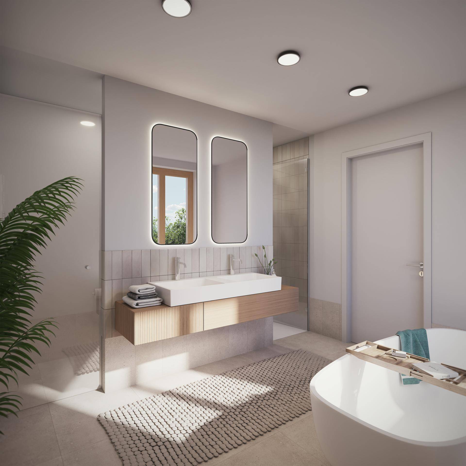 Modernes Badezimmer mit Doppelwaschbecken, freistehender Badewanne und begehbarer Dusche.
