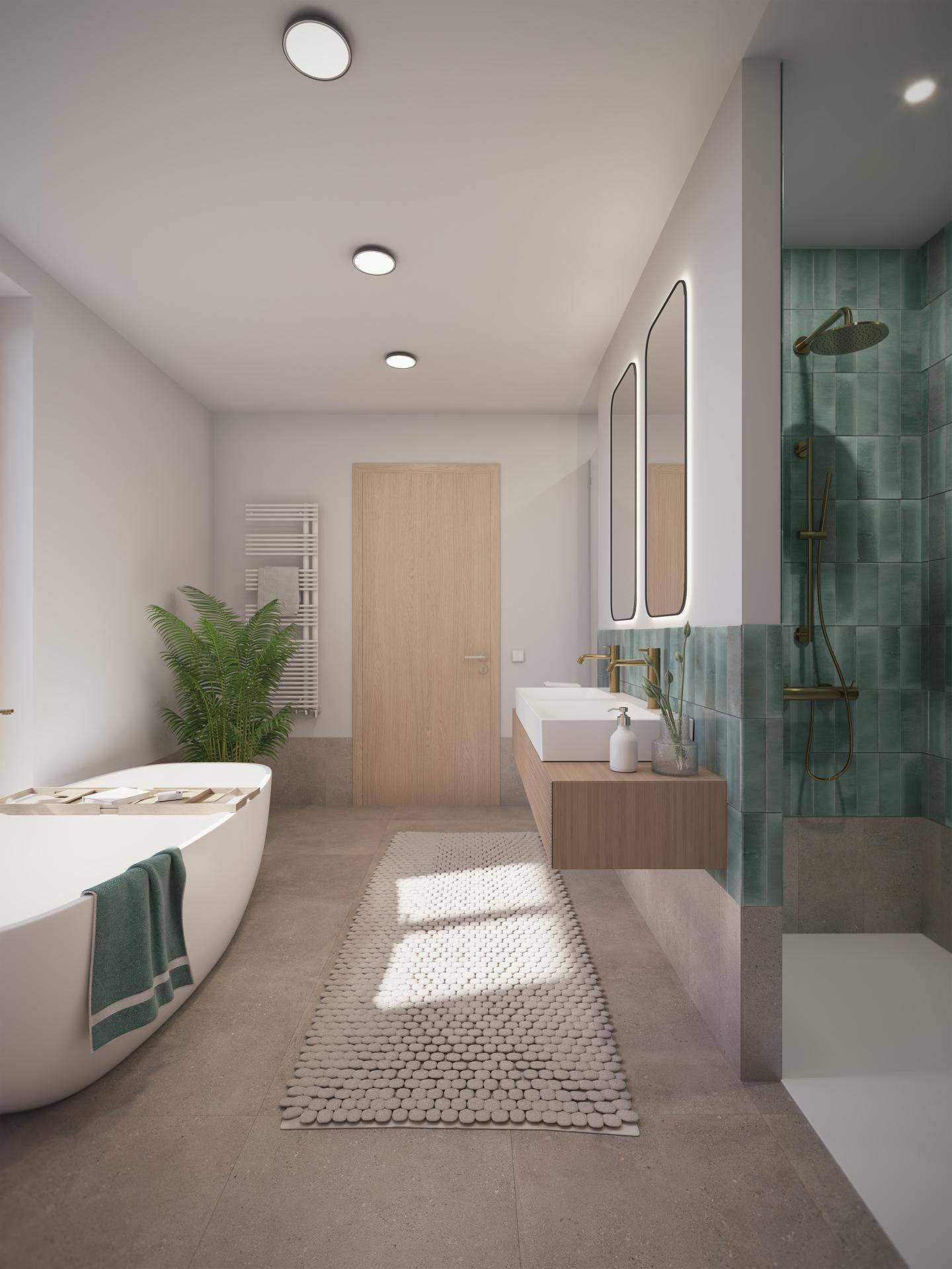 Modernes Badezimmer mit freistehender Badewanne, Doppelwaschbecken und begehbarer Dusche mit grünen Fliesen.