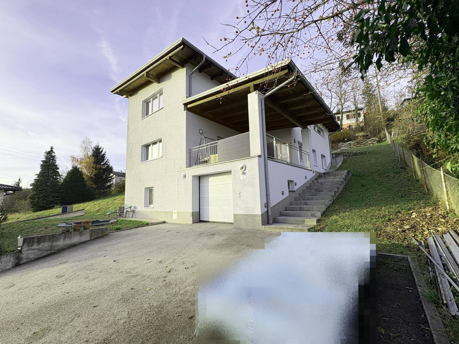 Modernes Einfamilienhaus mit integrierter Garage und Zufahrt in Hanglage.