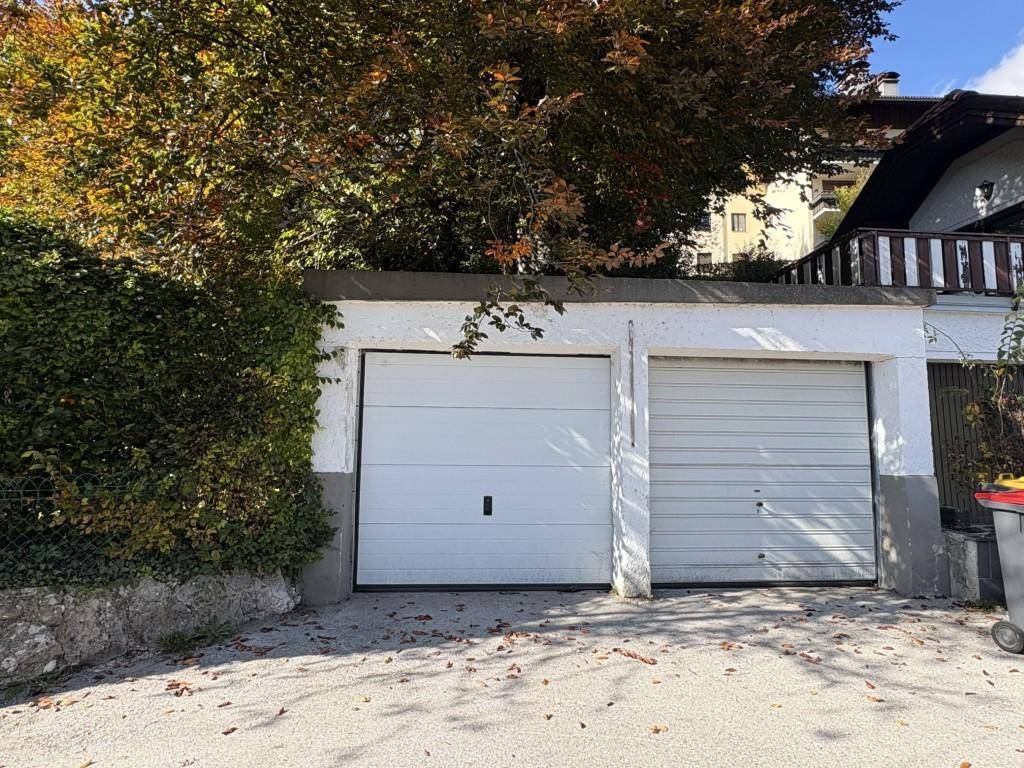 Doppelgarage mit zwei weißen Toren, umgeben von einer grünen Hecke und Bäumen.