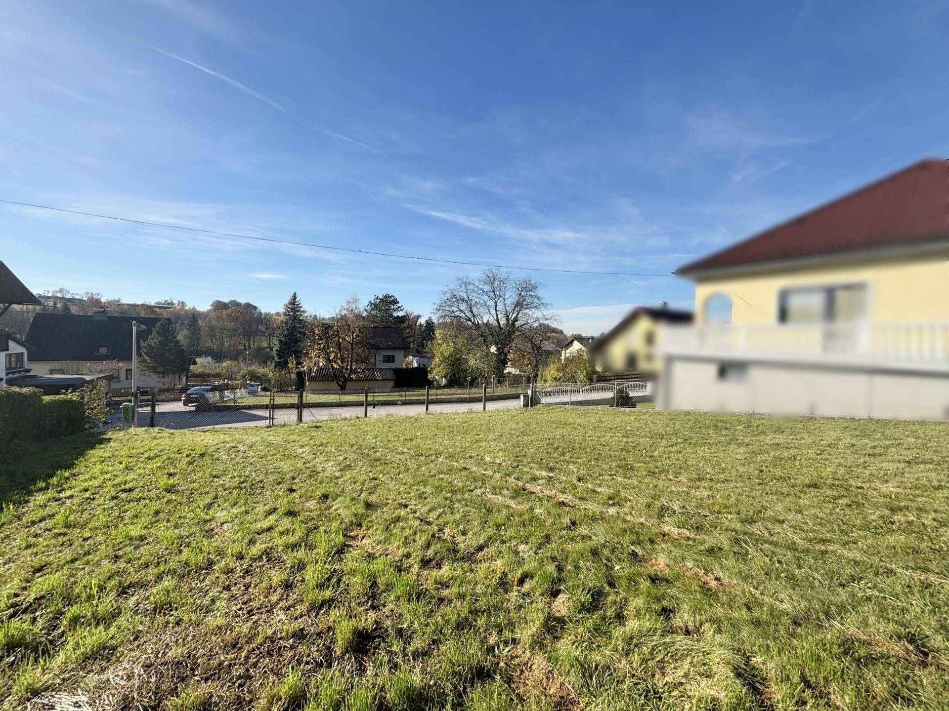 Großzügige Rasenfläche mit Blick auf die Straße und angrenzende Häuser.