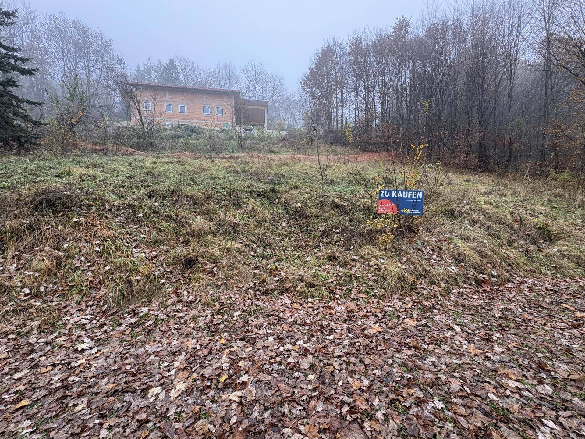Grundstück im Herbst mit "ZU KAUFEN"-Schild und einem im Bau befindlichen Haus im Hintergrund.