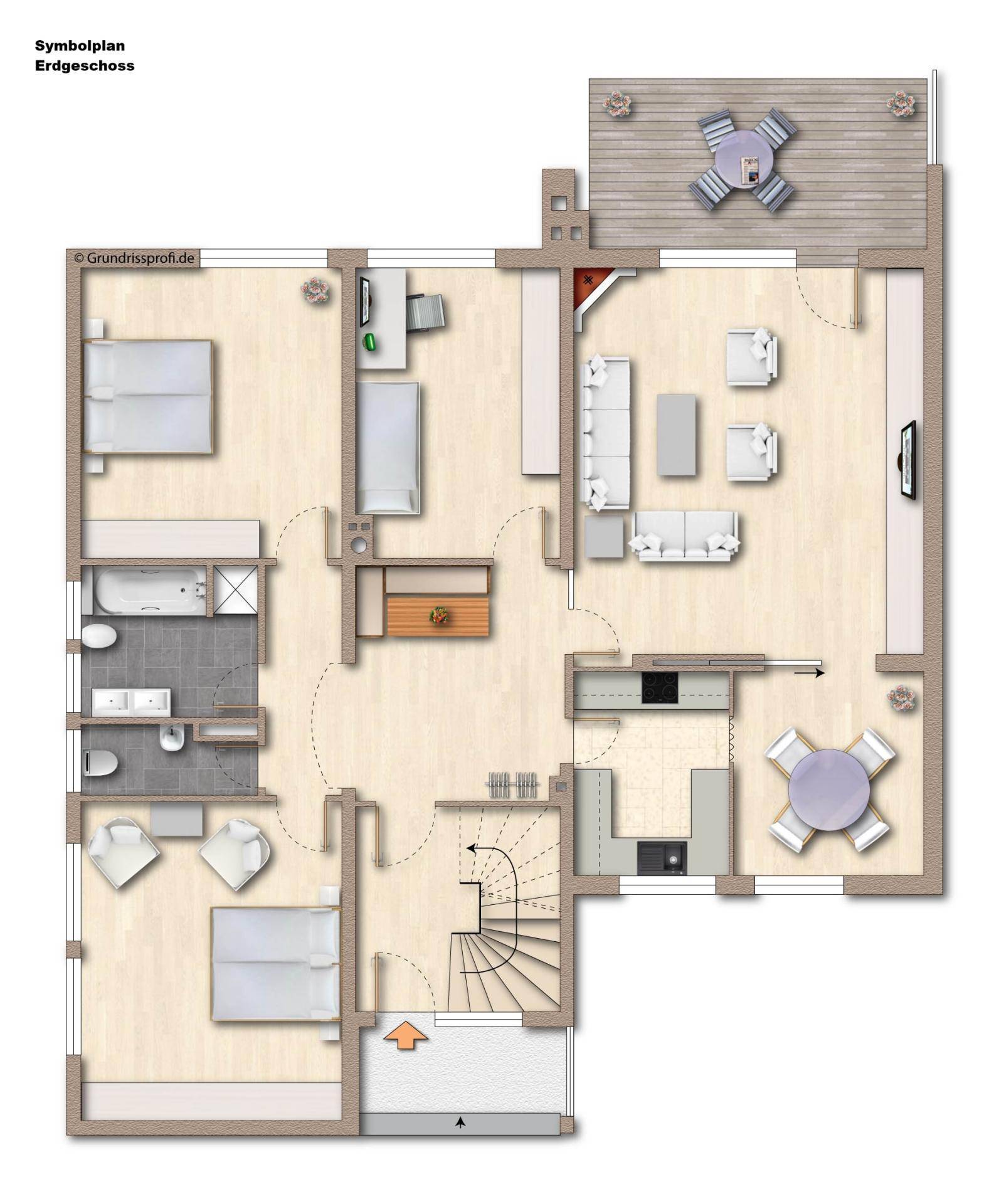 Grundriss des Erdgeschosses mit Wohnbereich, Küche, Schlafzimmern und Terrasse.
