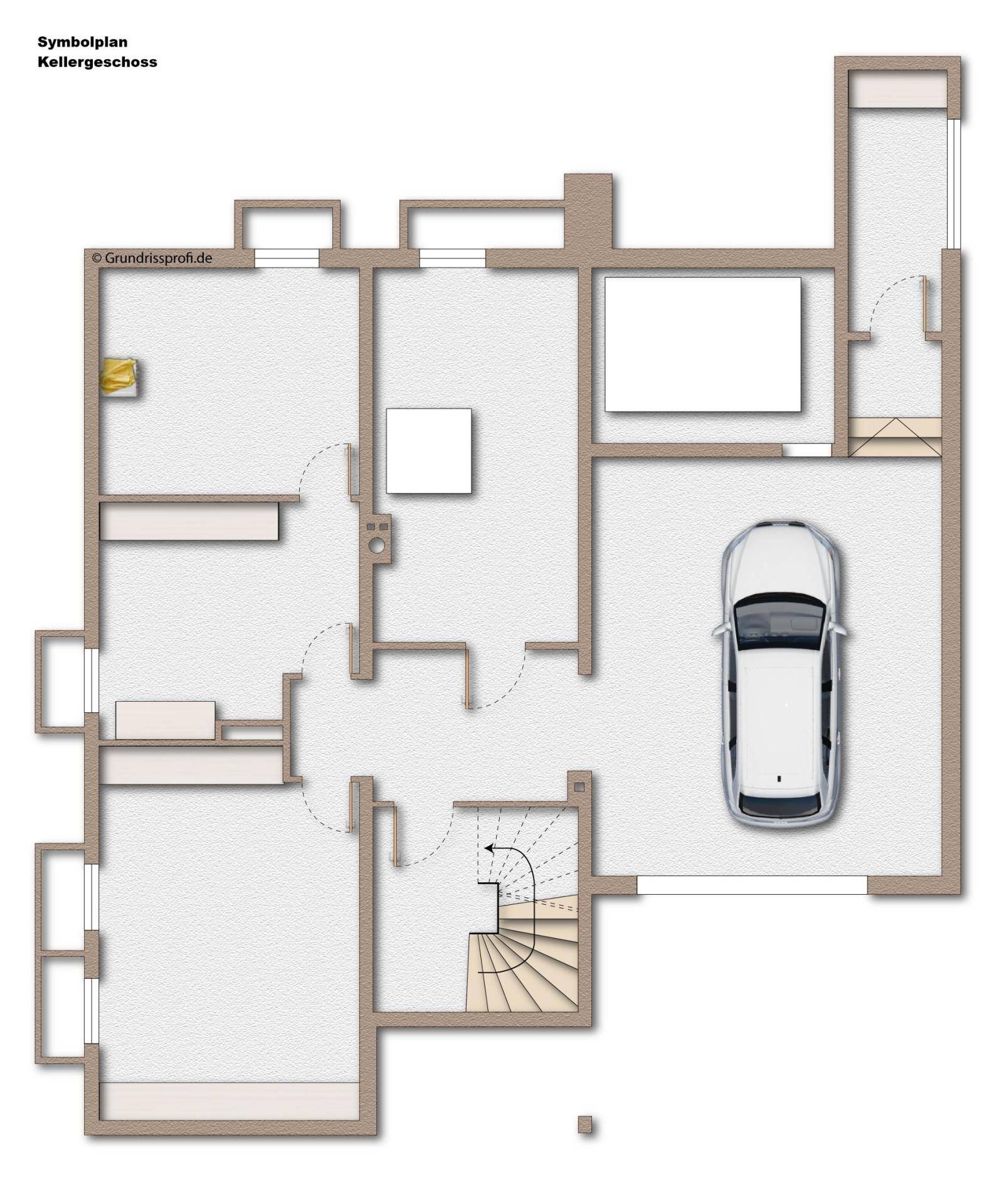 Grundriss des Kellergeschosses mit Garage und weiteren Räumen für Lagerung oder Hobby.