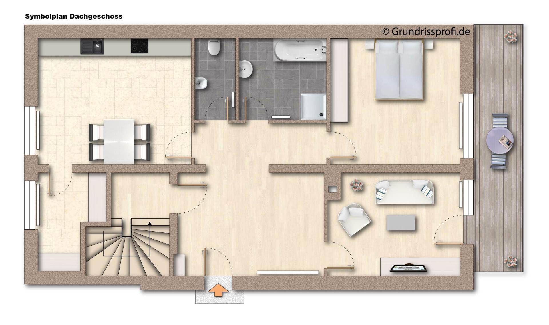 Grundriss des Dachgeschosses mit Schlafzimmer, Bad, Wohnbereich und Balkon.