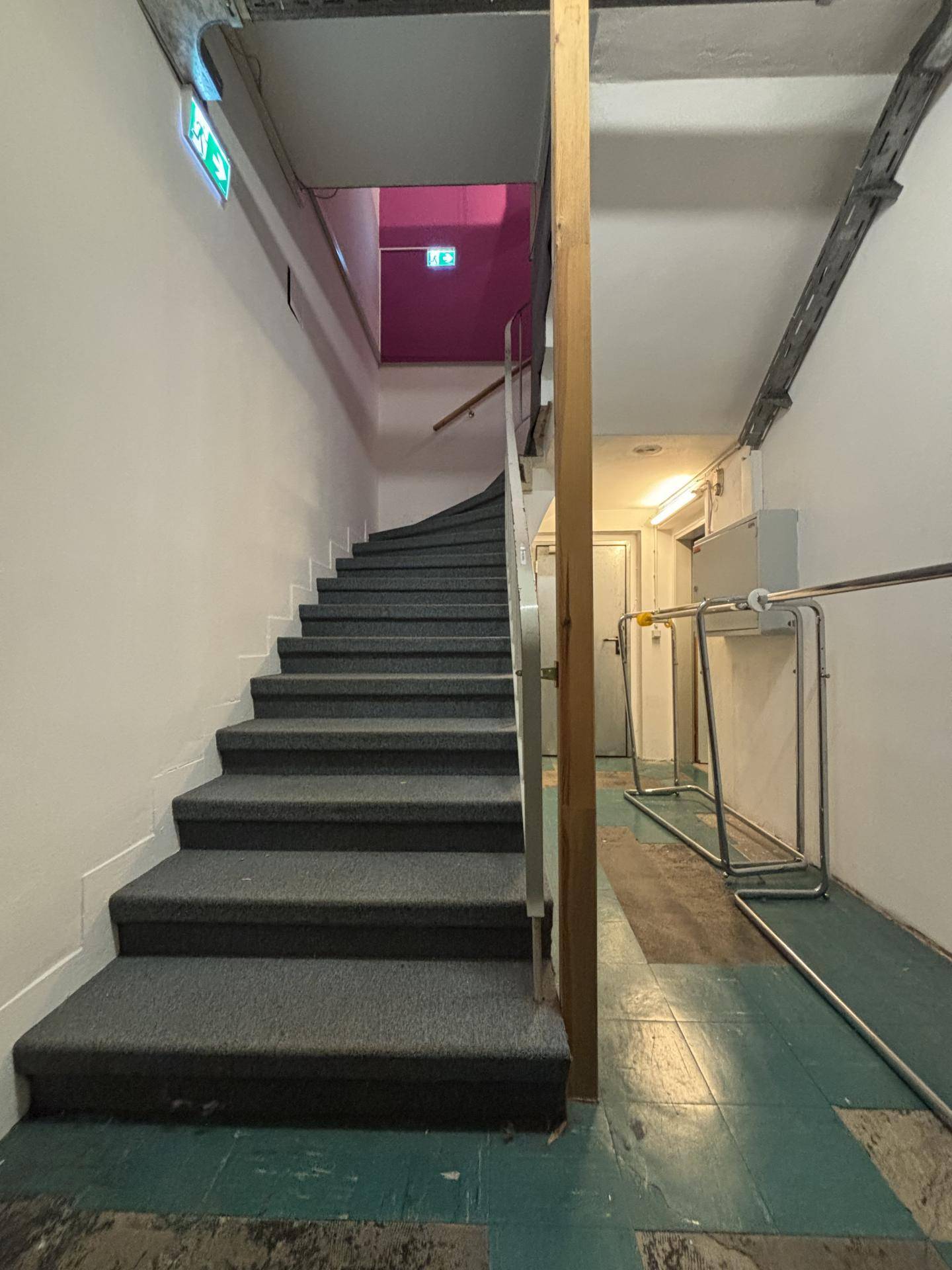 Treppenhaus mit Teppichstufen, weißen Wänden und sichtbaren Installationen.
