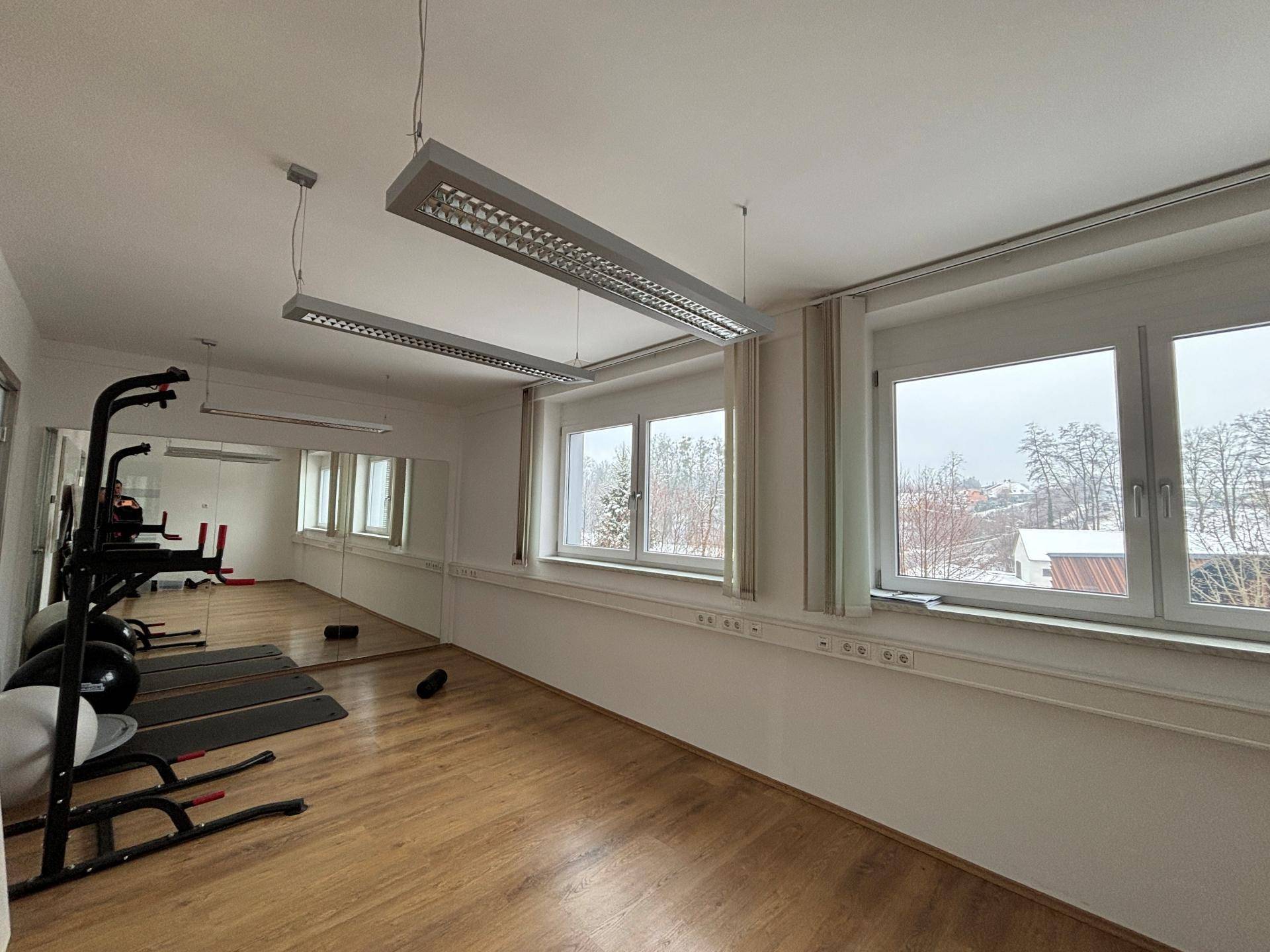 Heller Fitnessraum mit Holzfußboden, großen Spiegeln und Blick nach draußen durch die Fenster.