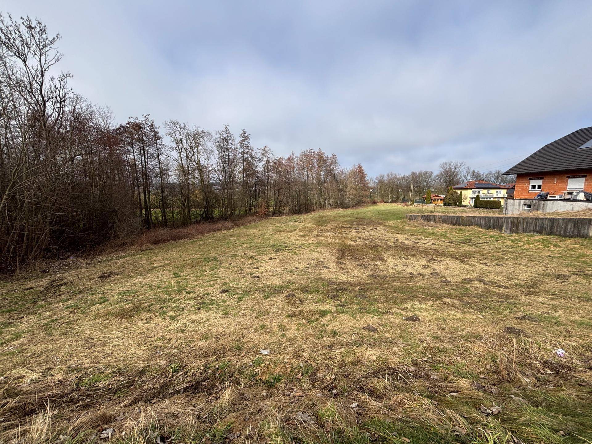 Weitläufiges Feld mit einem Wohnhaus im Hintergrund und einer Baumreihe am Horizont.