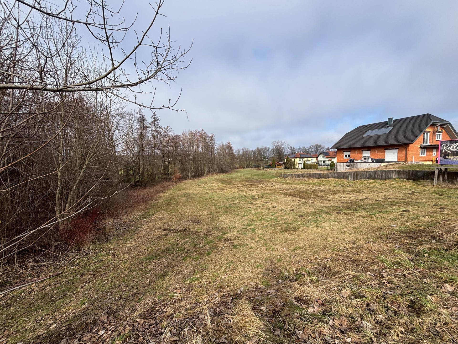 Offenes Feld neben einem Wohnhaus mit rotem Dach und umgebenden Bäumen unter bewölktem Himmel.