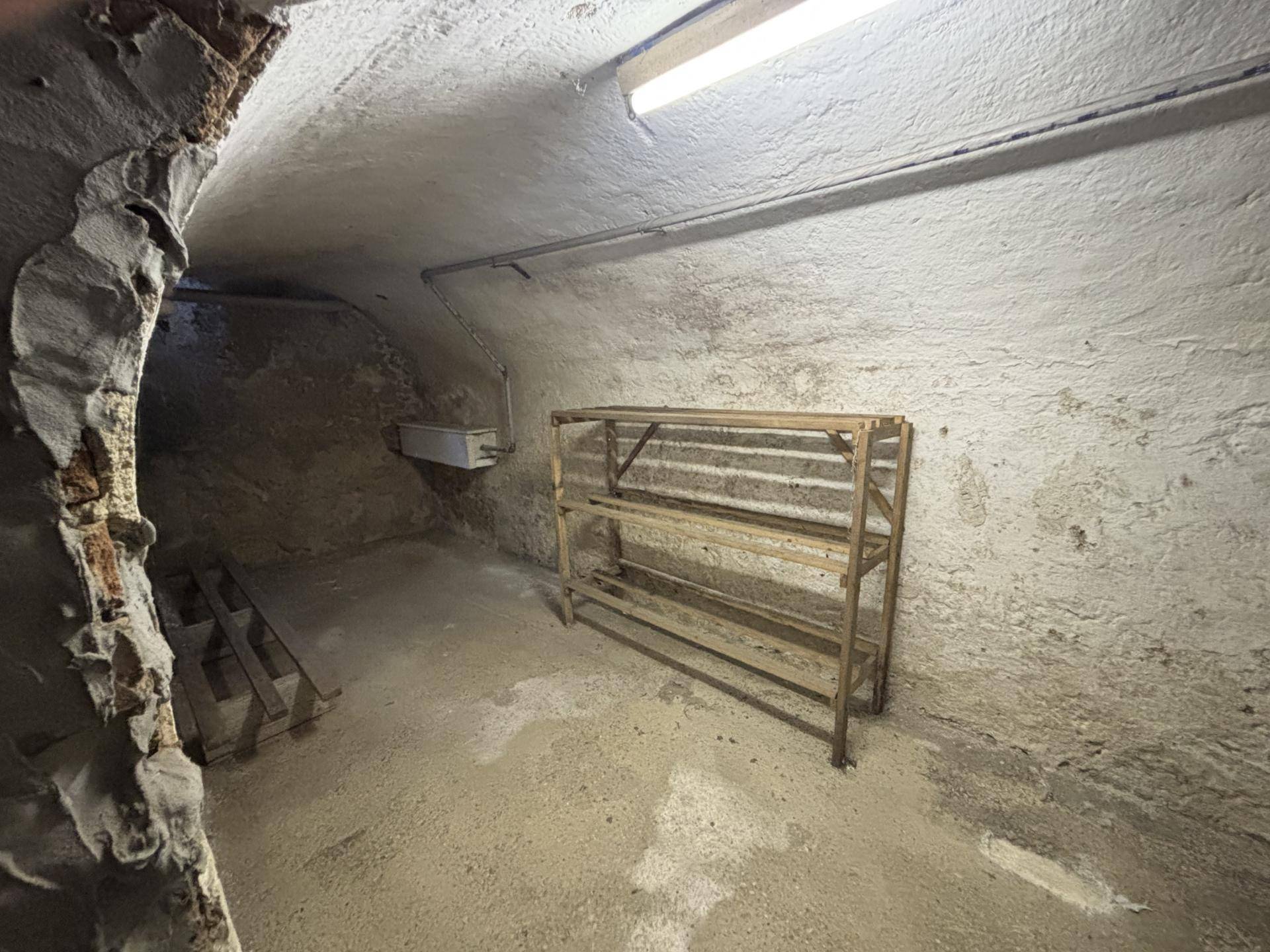 Unfertiger Kellerraum mit gewölbter Decke und einfacher Lagerregal.