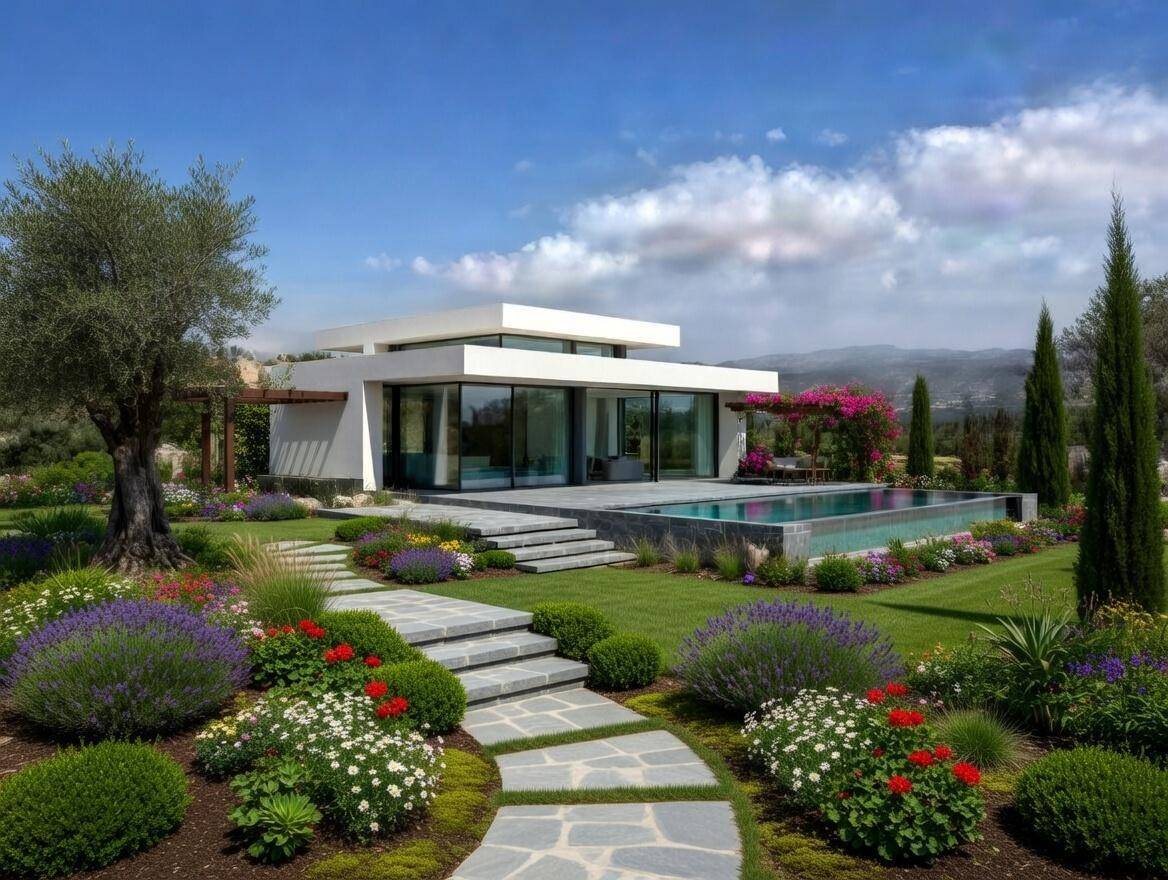 Moderne Villa mit Infinity-Pool, weitläufigem, gepflegtem Garten und malerischem Bergblick unter blauem Himmel.