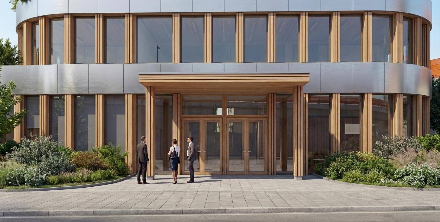 Eingangsbereich des modernen Gebäudes mit Holzverkleidung und großen Glasfronten, umgeben von gepflegten Grünflächen.