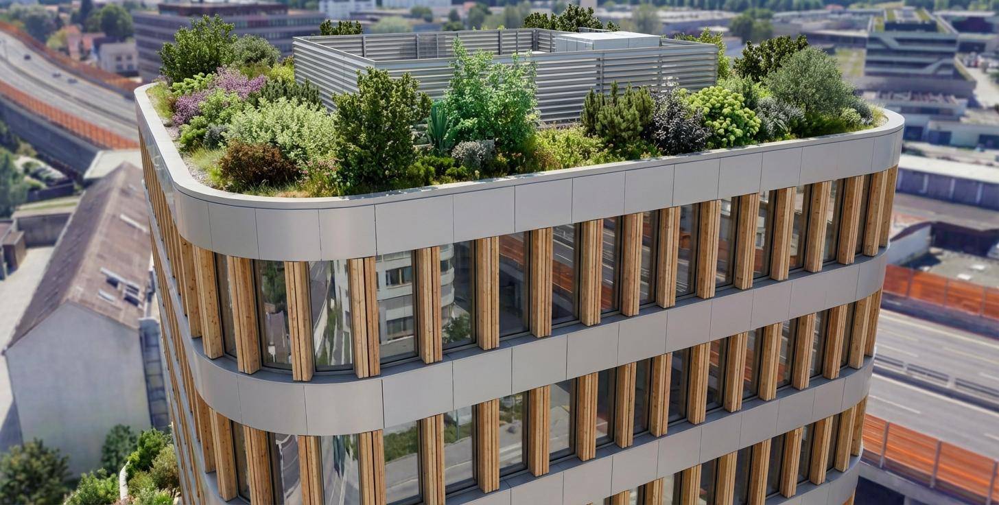 Draufsicht auf das begrünte Dach des modernen Gebäudes mit vielfältiger Bepflanzung und architektonischen Elementen.
