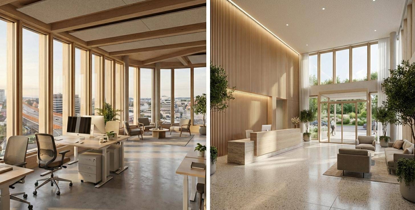 Moderner Büroraum mit Holzelementen und heller Lobby mit Empfangsbereich und großen Fenstern, die Stadtblick bieten.