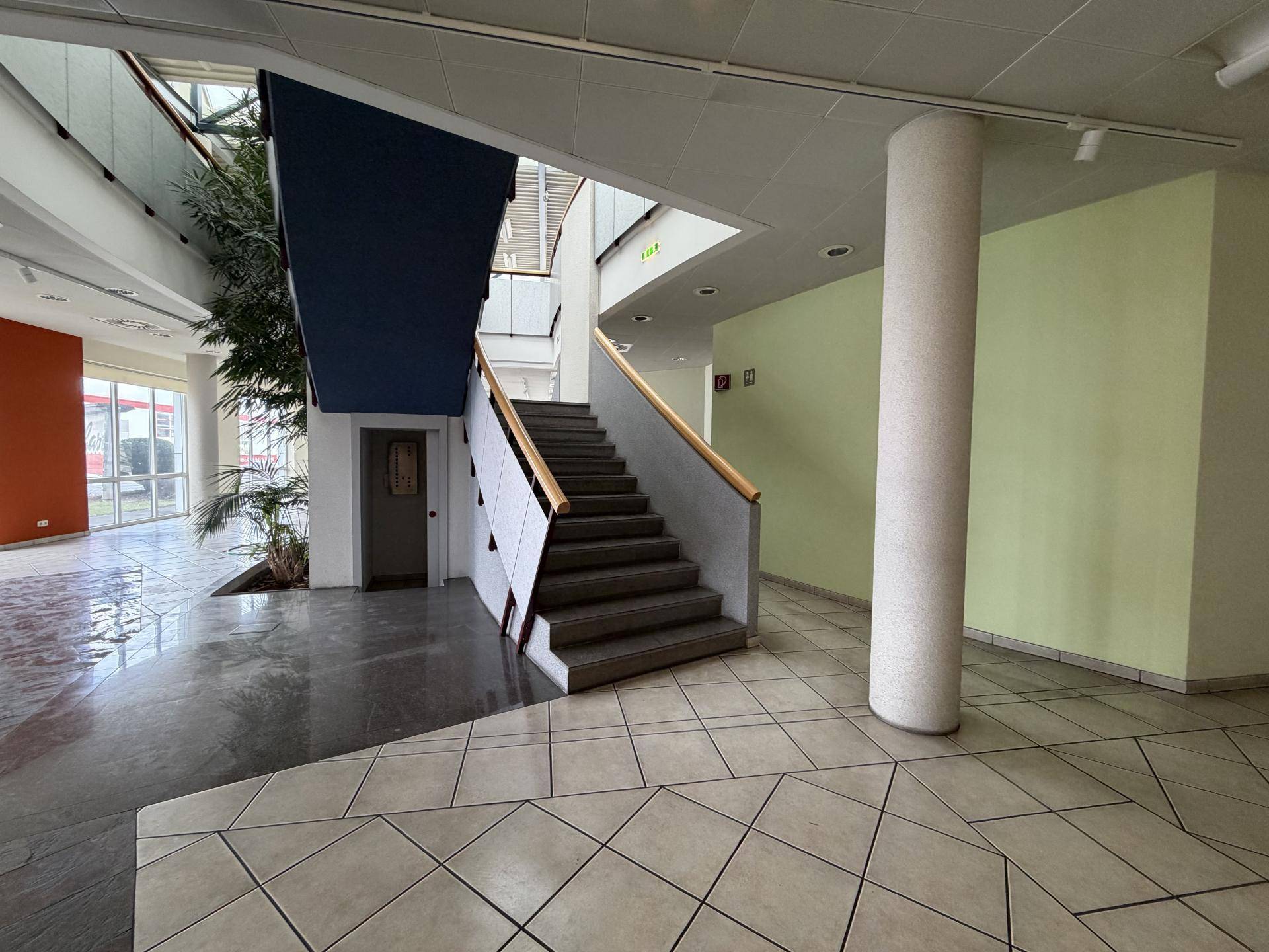 Heller Eingangsbereich mit breiter Treppe, hohen Decken und dekorativen Pflanzen, führt zu oberen Etagen.